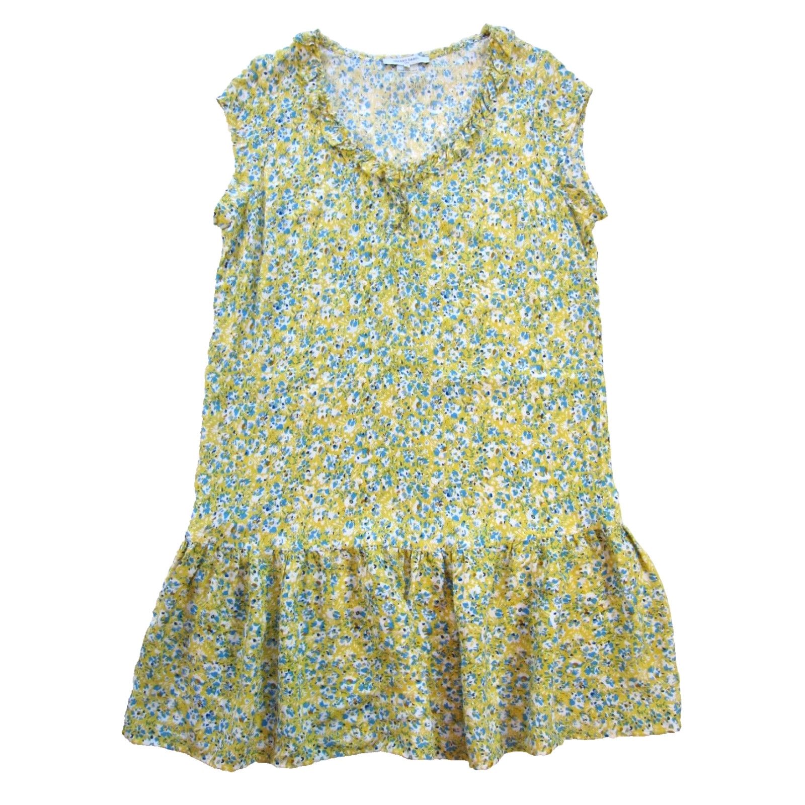 Gerard Darel GERARD DAREL Rayon Yellow Blue Floral Cap Sleeve V-Neck Midi Sun Dress 40 Large Size L / US 10 / IT 46 - 2 Thumbnail