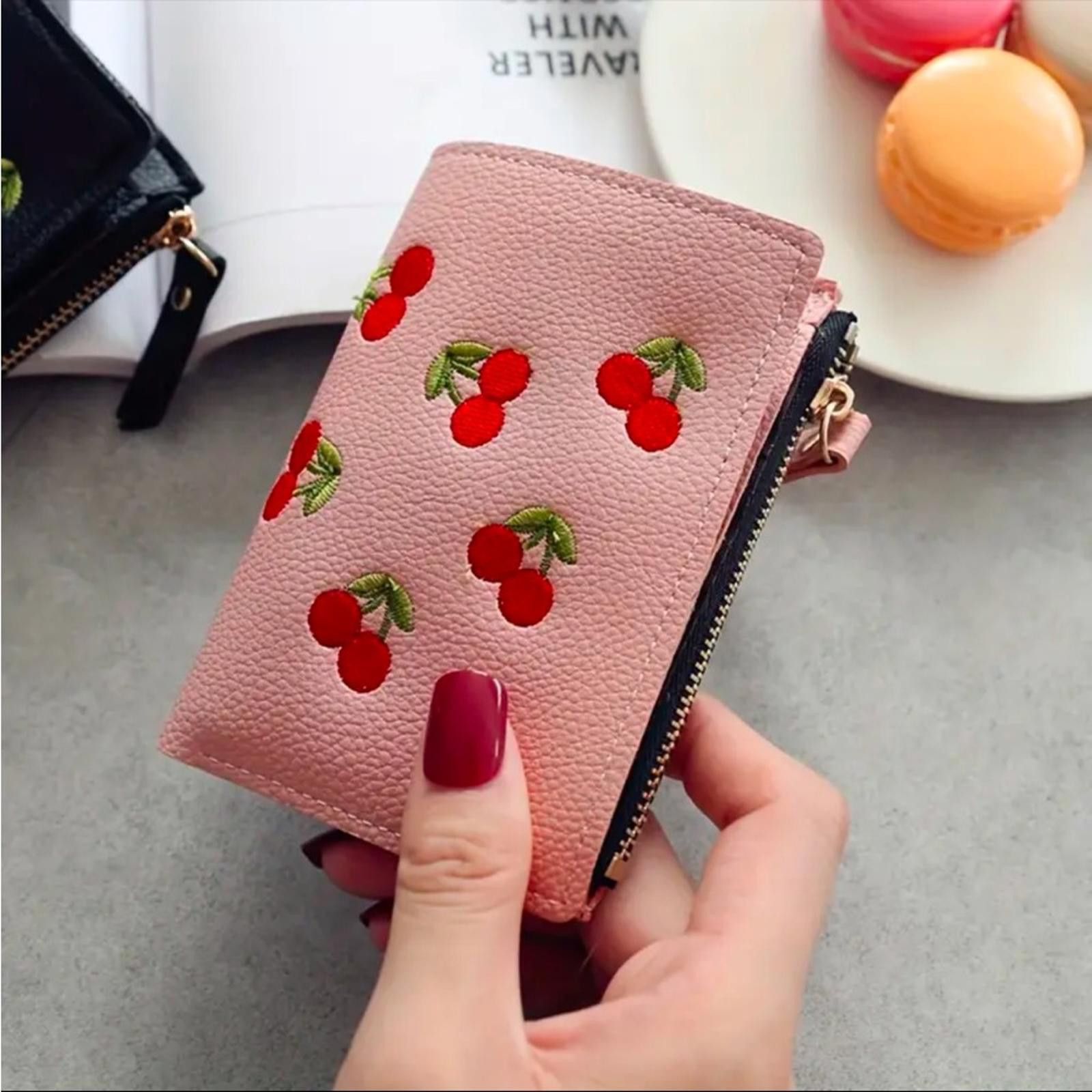 Designer Pink Cherry Embroidered Vegan Leather Wallet Size ONE SIZE - 1 Thumbnail