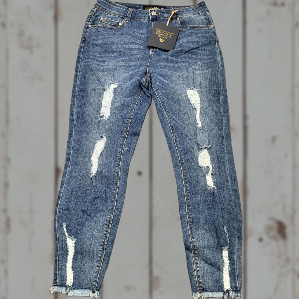 Vintage Indigo Rein Jeans Women's 13/30 Med Blue Wash Distressed High Rise Crop 5-Pocket Jeans Slim Boys/Girls Men? Size 34" / US 12 / IT 48 - 1 Thumbnail