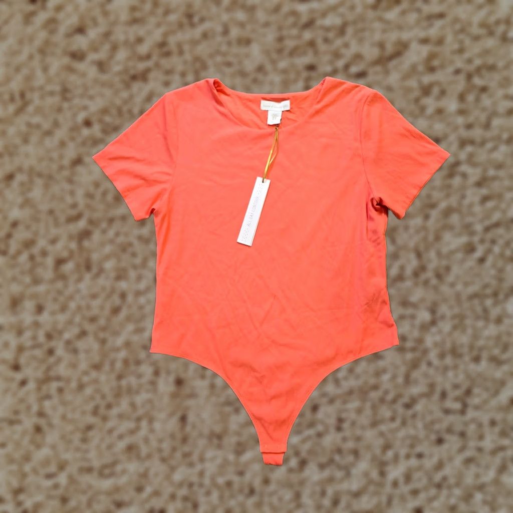 House of Harlow House Of Harlow Bodysuit Womens XL Orange Ribbed Short Sleeve Capsule Blouse Knit Nylon Round Neck Snap Closure Casual Women St retch Size XL / US 12-14 / IT 48-50 - 1 Thumbnail