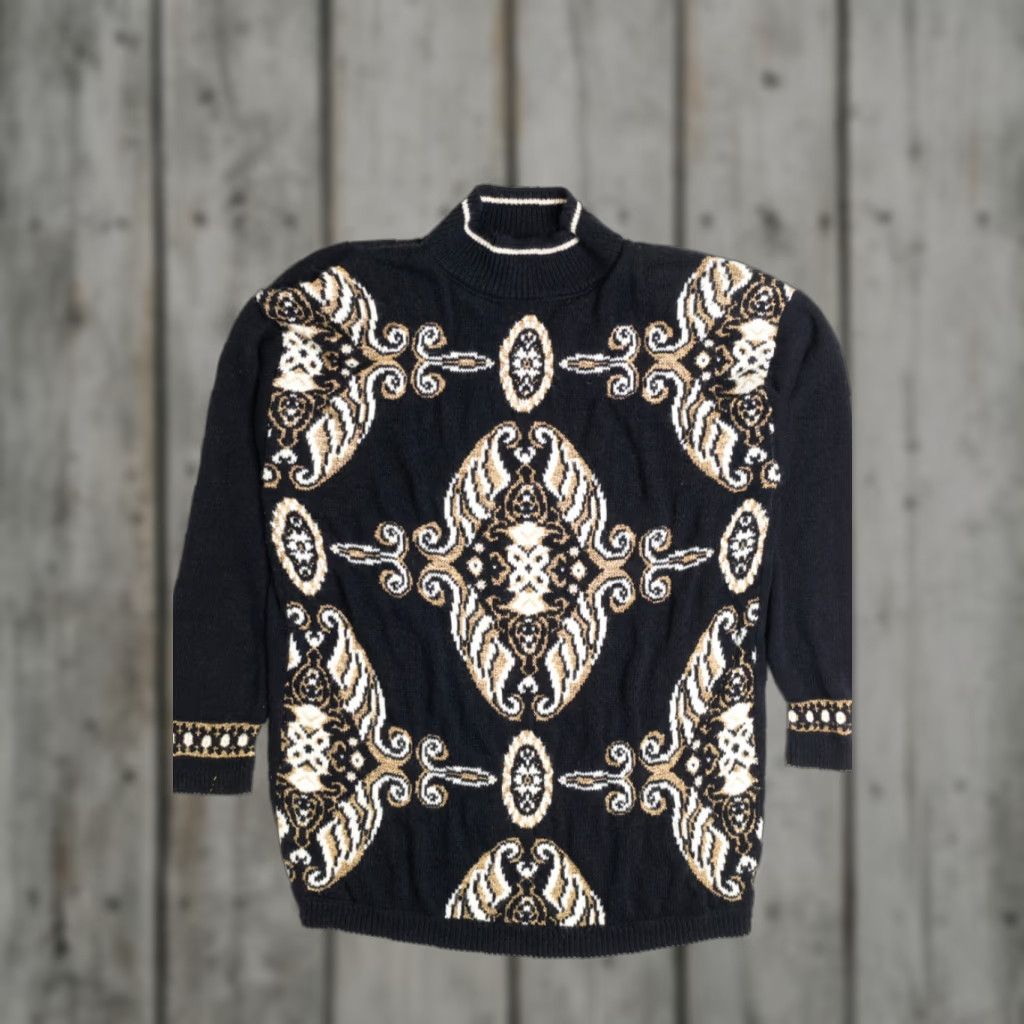Vintage VINTAGE Beldoch Popper Sweater 80s Black Large Geometric Print Knit Mens Size L / US 10 / IT 46 - 1 Thumbnail