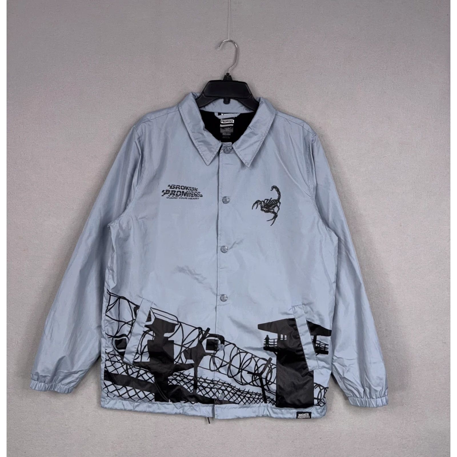 Broken Promises Co. VINTAGE Broken Promises Coach Jacket Mens M Gray Guard Your Heart Scorpion Graphic Windbreaker Snap Front Size US M / EU 48-50 / 2 - 2 Thumbnail