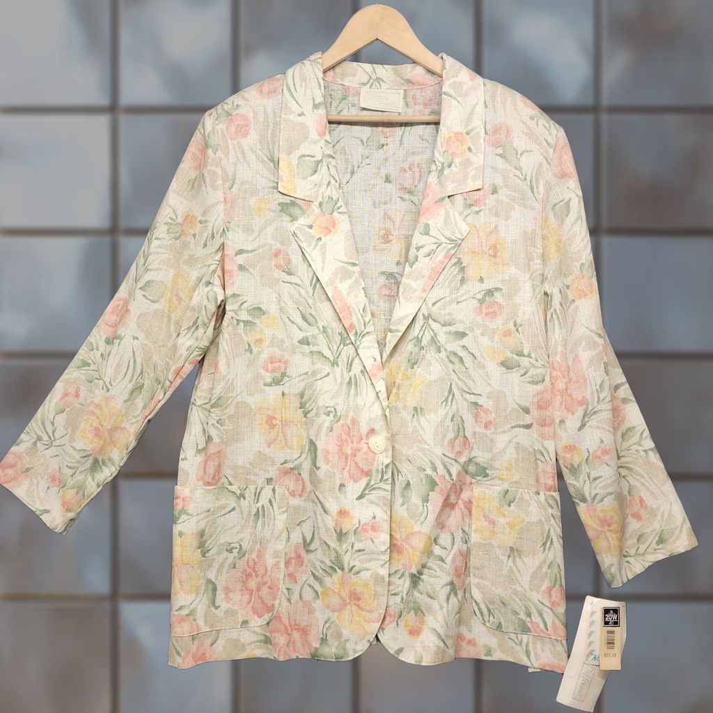 FLAX VINTAGE Distinctly Different Blazer Women 20W Plus Flax Blend Floral Cream Lightweight Cottagecore Jacket Womens Blazer Size 3XL / US 20-22 - 1 Thumbnail