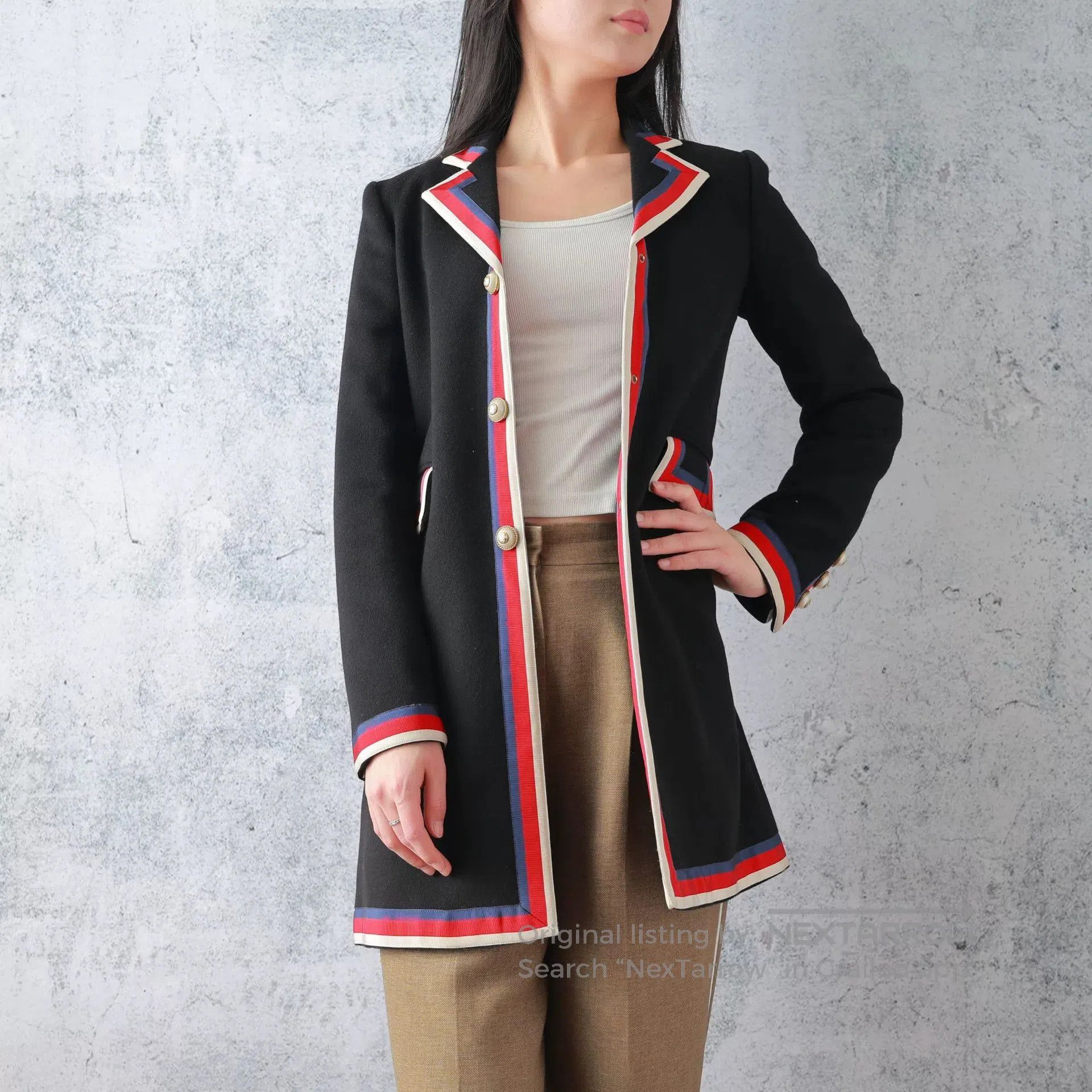 Gucci Gucci Black Wool Red Trim Long Coat. Size S / US 4 / IT 40 - 1 Thumbnail