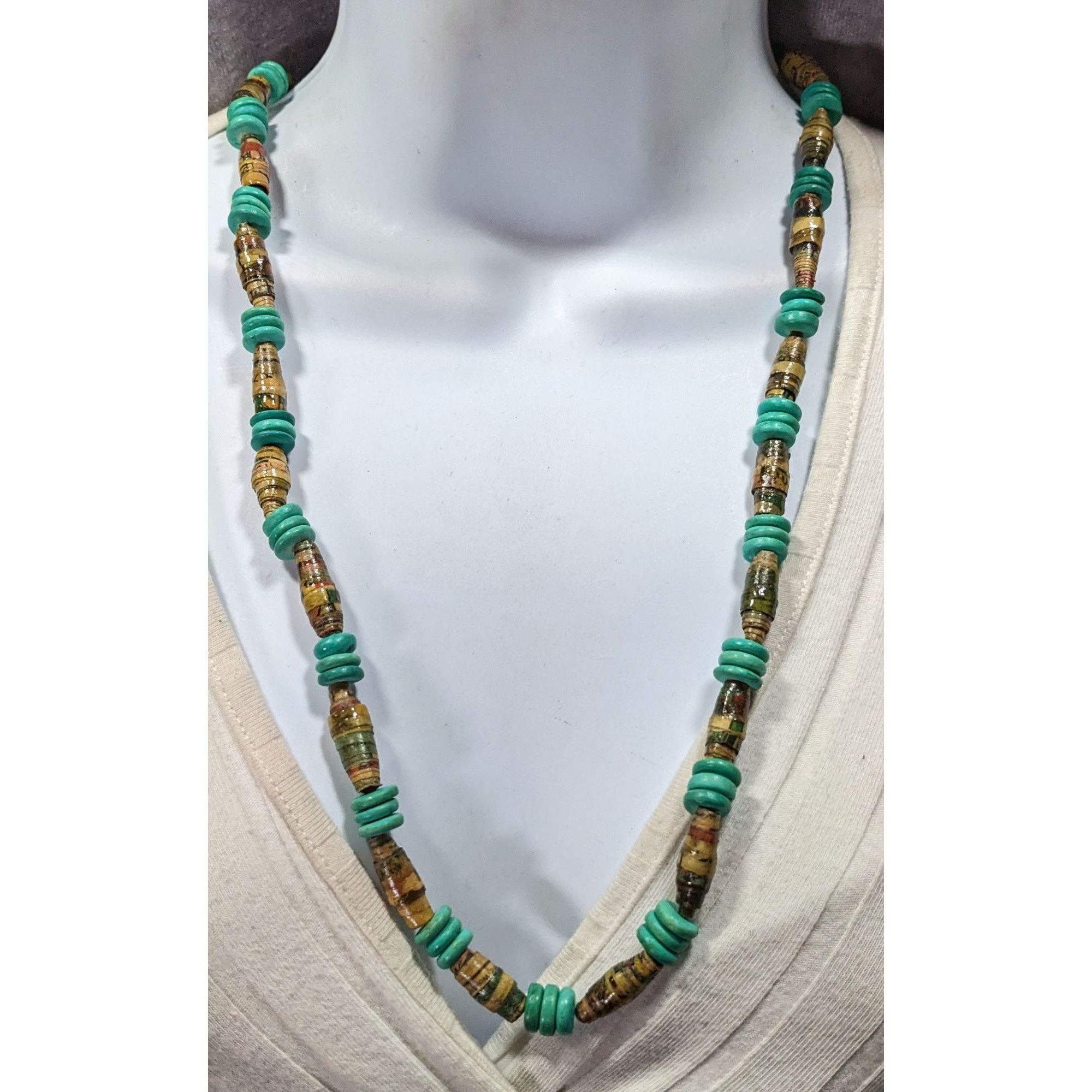 Handmade Casual Handmade Turquoise And Tan Wood And Paper Beaded Neck Size ONE SIZE - 3 Thumbnail