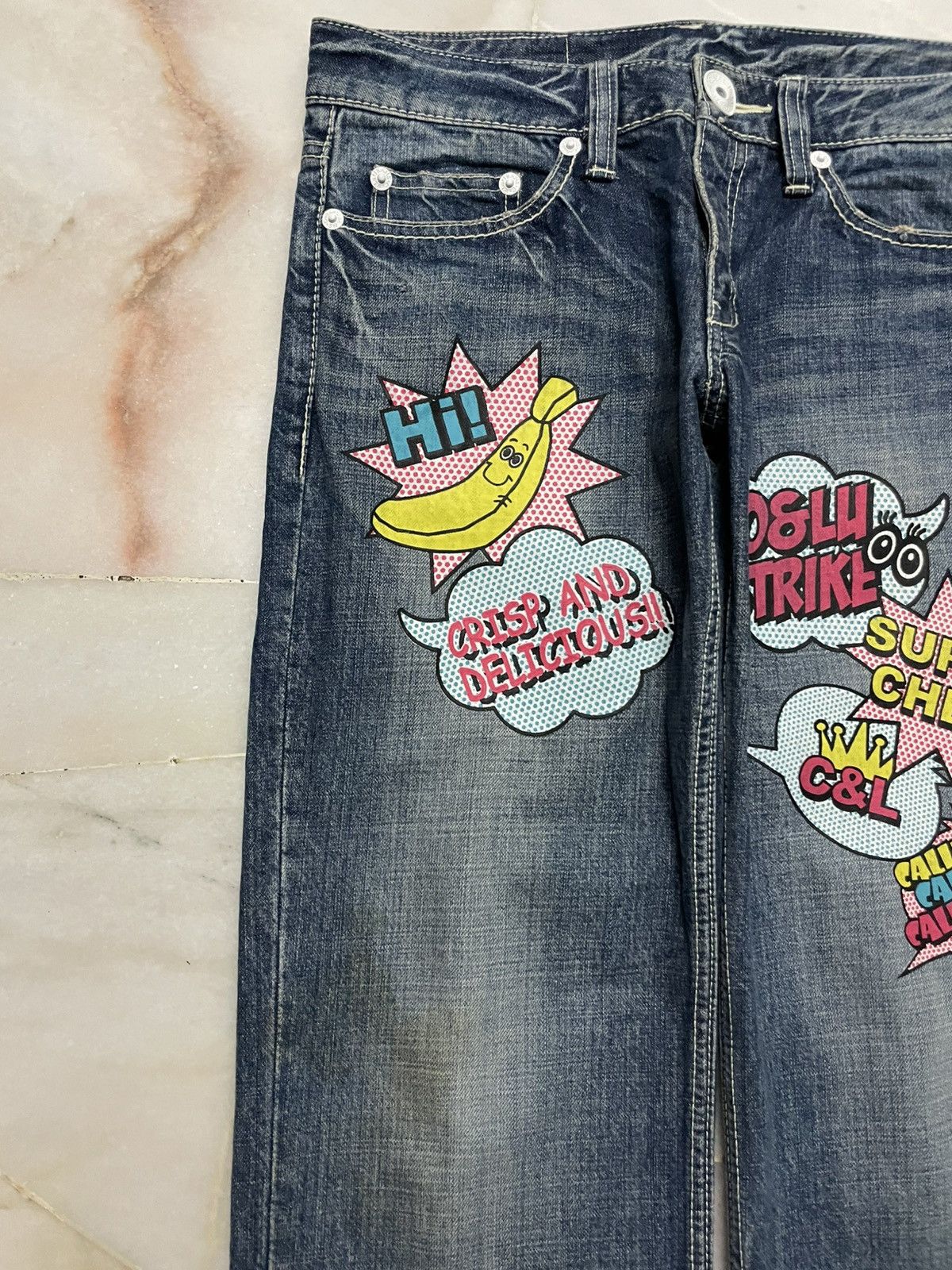 Japanese Brand 💥Sick💥Vintage Co&Lu Mudwash Super Cheere Print Denim Jeans Size US 31 - 4 Thumbnail