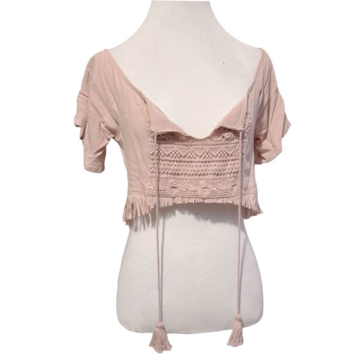 Vintage Vintage, Rose Blush, Peasant Style, Fringed Hem, Crop Top Size ONE SIZE - 3 Thumbnail