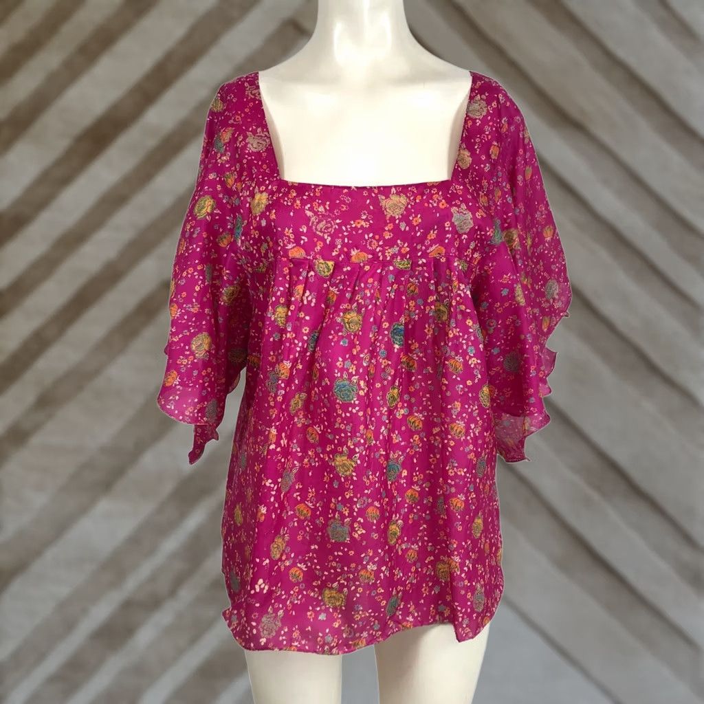 Vintage INDIE ELLA 100% SILK TOP WOMEN'S ONE SIZE PINK SQUARE NECK BUTTERFLY SLEEVES Size ONE SIZE - 1 Thumbnail
