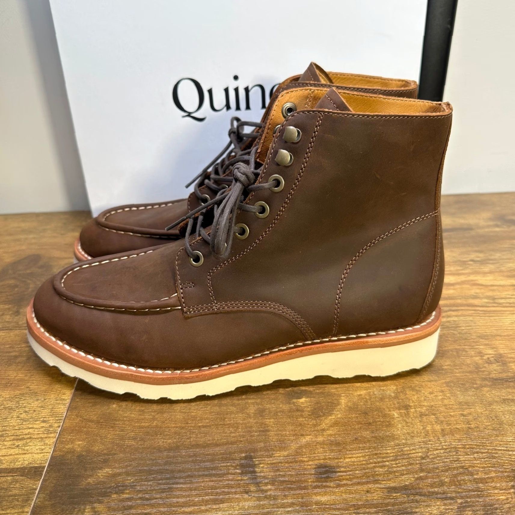 Quince Quince Mens Leather Moc Toe Boots Brown Cowhide Leather Wedge Rubber Outsole Ankle Lace Up 10.5 --- Size US 11 / EU 44 - 3 Thumbnail