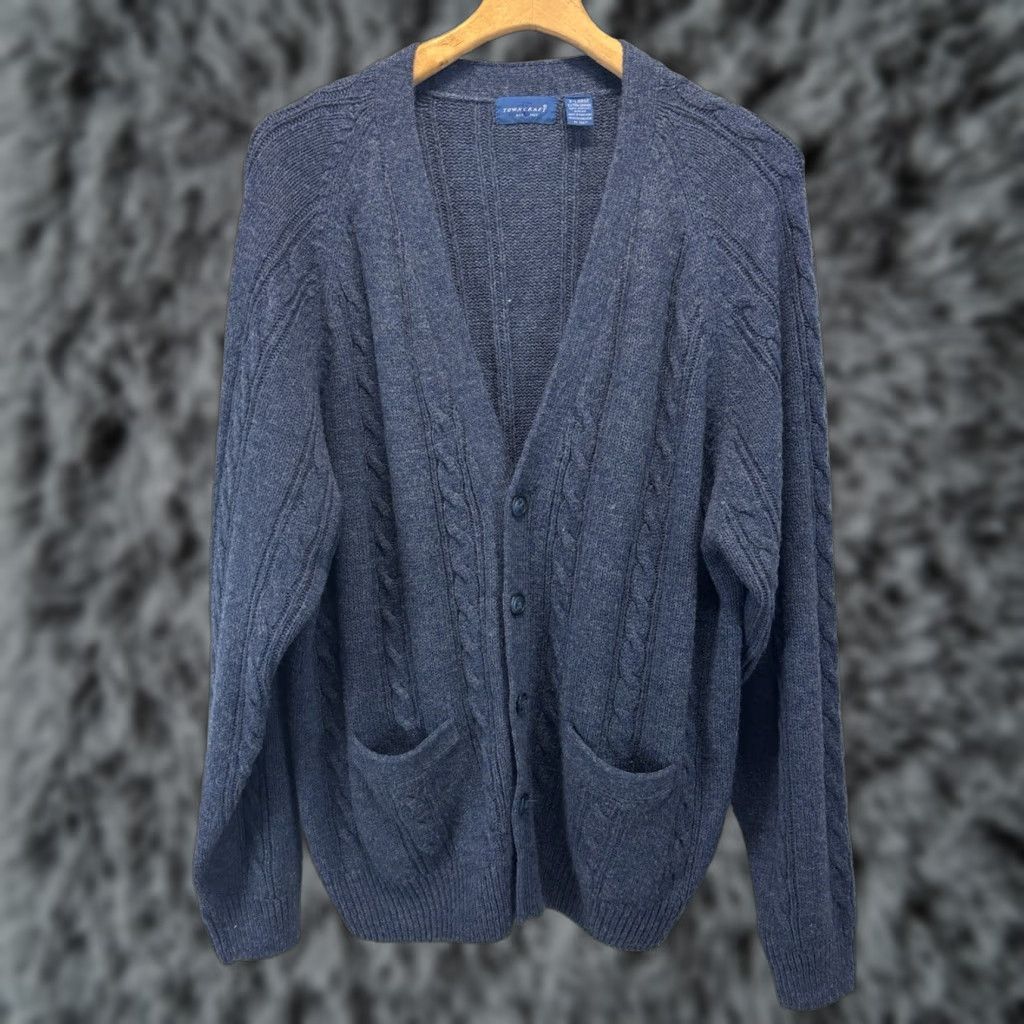 X-LARGE VINTAGE TownCraft Cardigan Sweater XL Mens Blue Cable Knit Fisherman Grunge Size US XL / EU 56 / 4 - 1 Thumbnail