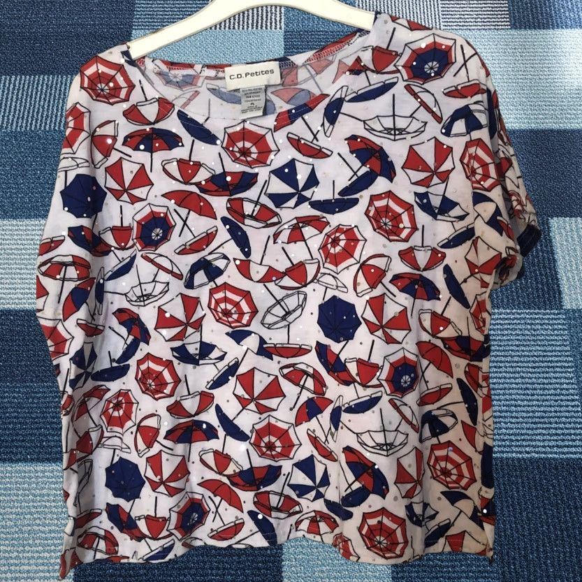 Vintage Cathy Daniels Petites Red White Blue Shiny Beach Umbrella Top Tee Sz L Cruise Size L / US 10 / IT 46 - 1 Thumbnail