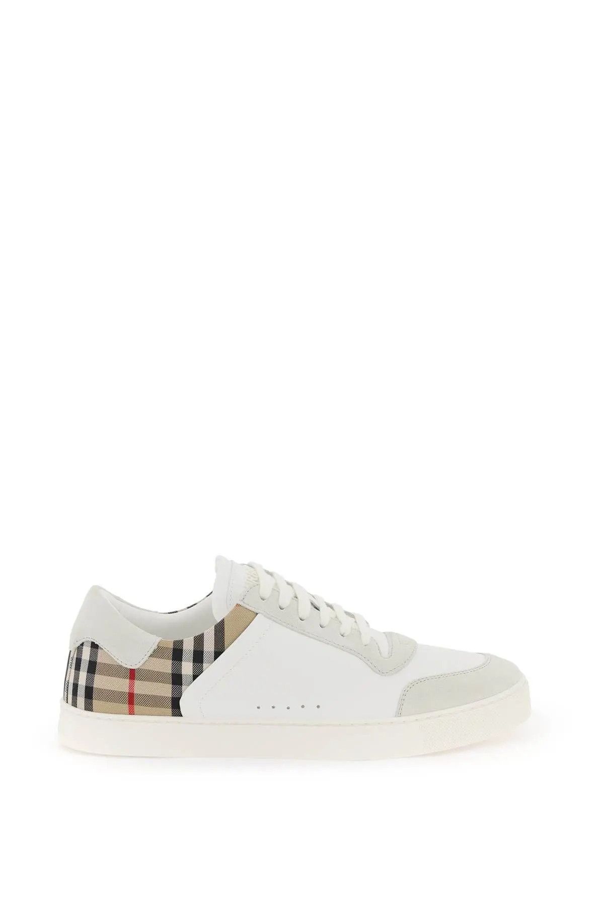 image of Burberry O1S22I1N0224 Check Leather Sneakers In White Beige, Men's (Size 7)