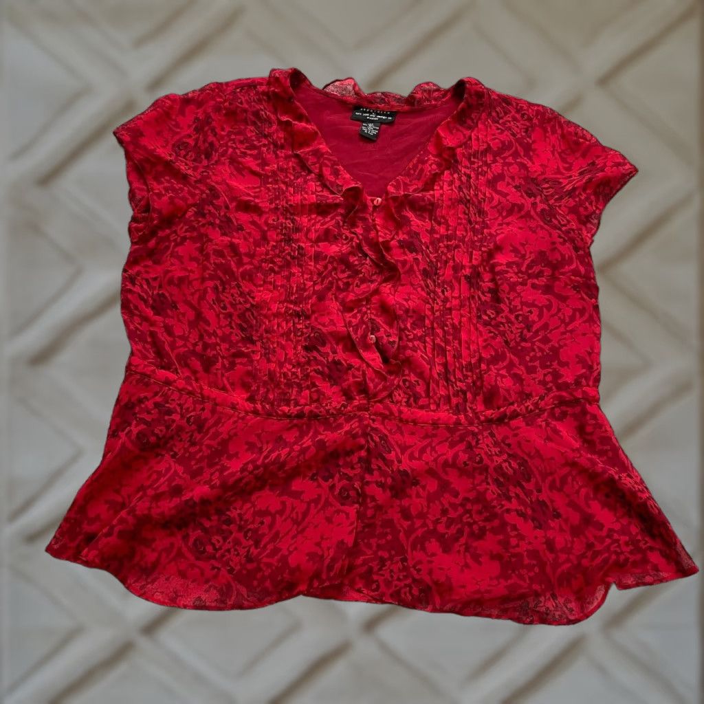 Vintage New York City Design Blouse Womens 2XL Red Button Down Peplum Ruffles Pleated Size XXL / US 16-18 / IT 52-54 - 1 Thumbnail