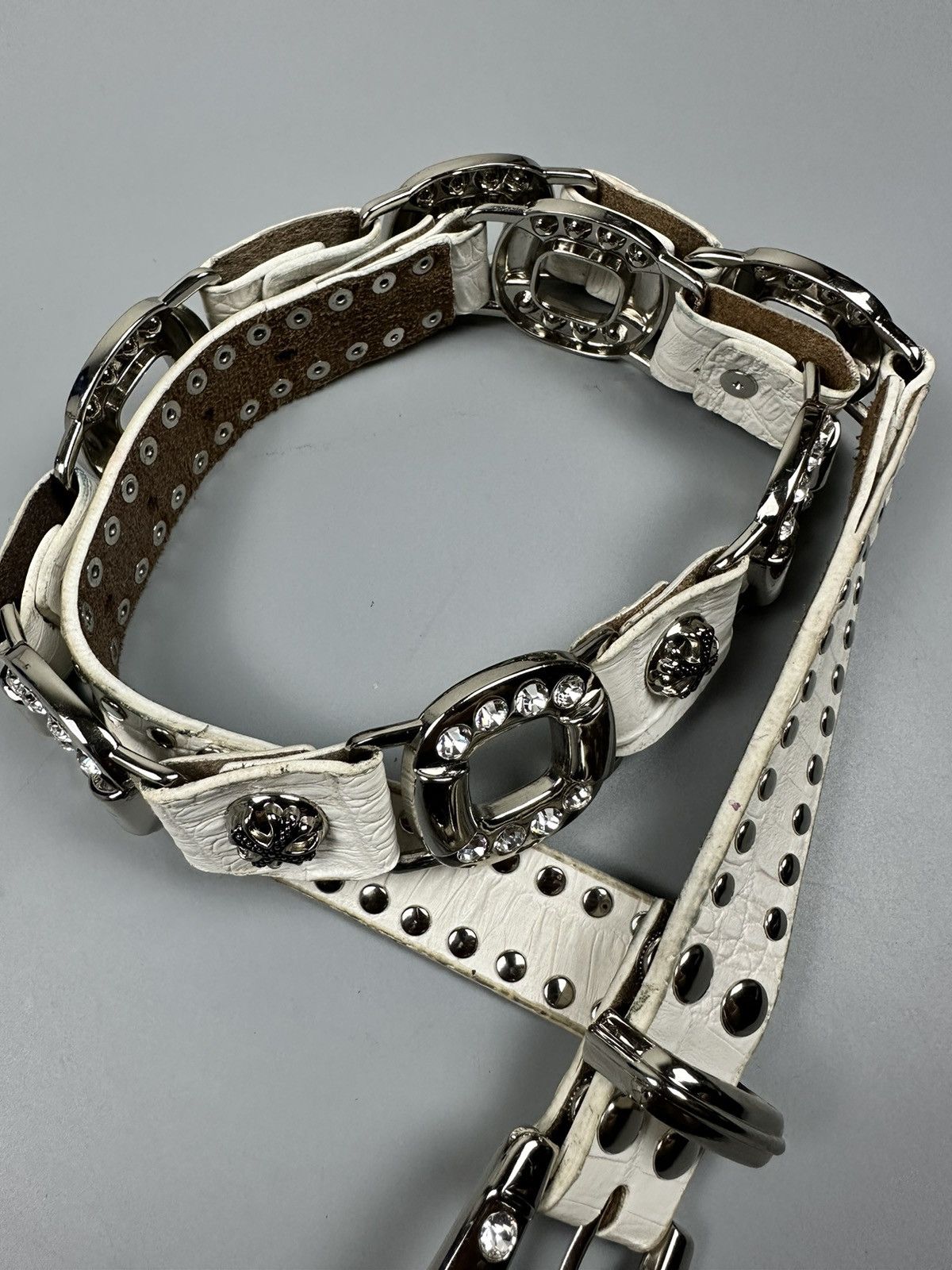 If Six Was Nine Rare Chrome Hearts Inspired White Leather Diamond Studs Belt Size 34 - 19 Thumbnail