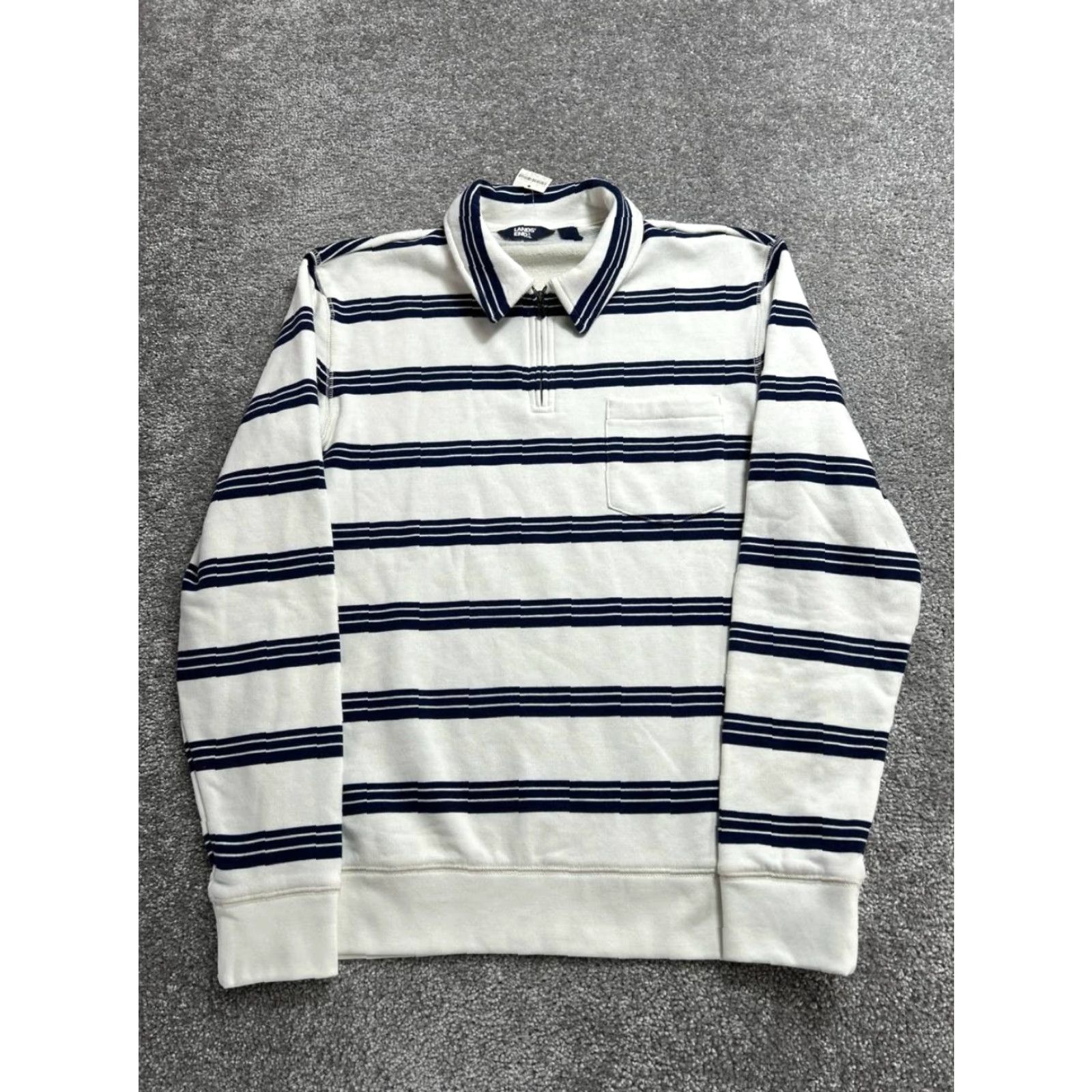 Lands' End Lands' End Rugby Shirt Mens Small Beige Blue Stripes Cotton Ribbed Hem Collared Shirt Polo Casual Knit Breathable Easy Care Zip Size US S / EU 44-46 / 1 - 2 Thumbnail