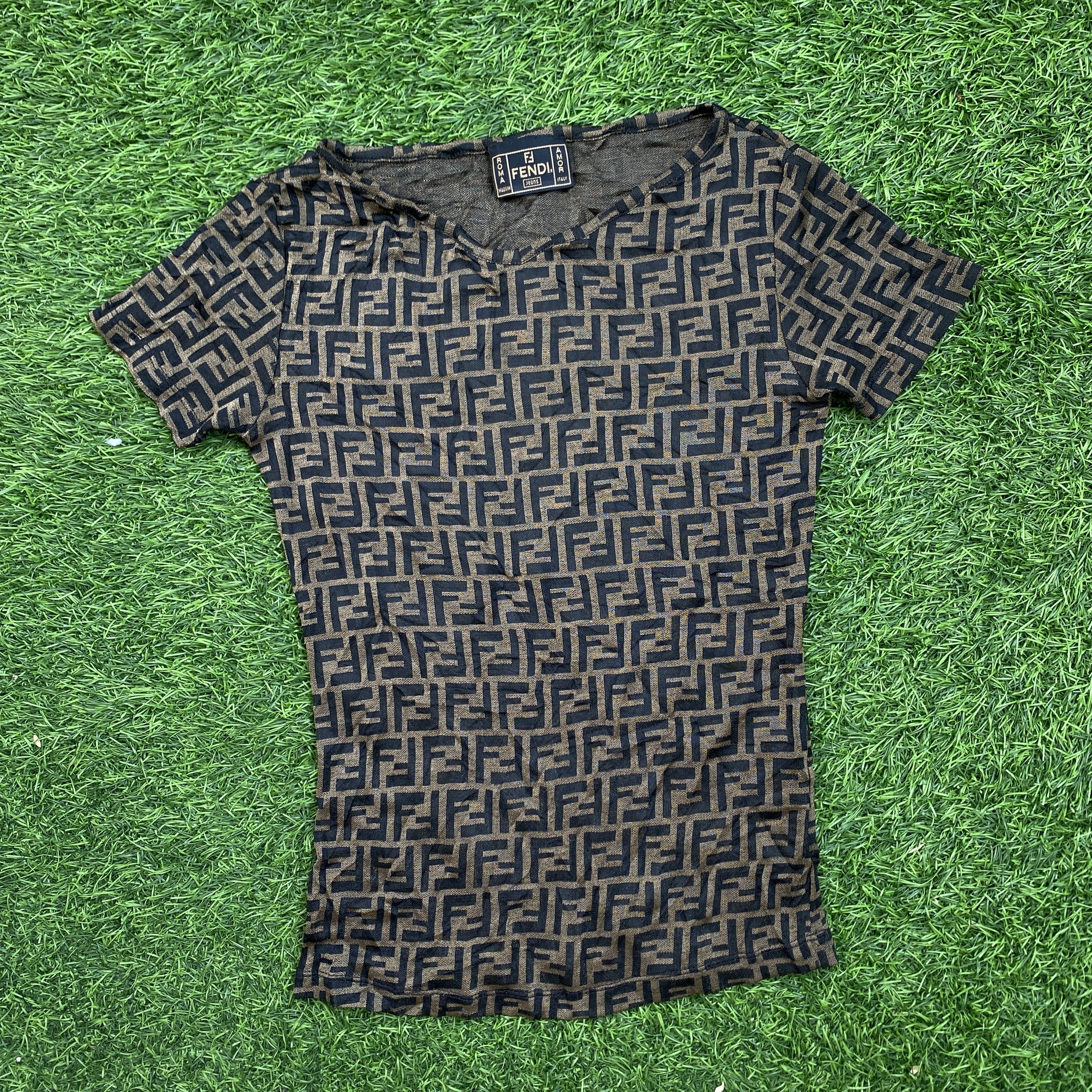 Fendi × Vintage Fendi Zucca Vneck Monogram Tshirt Size XS / US 0-2 / IT 36-38 - 1 Thumbnail