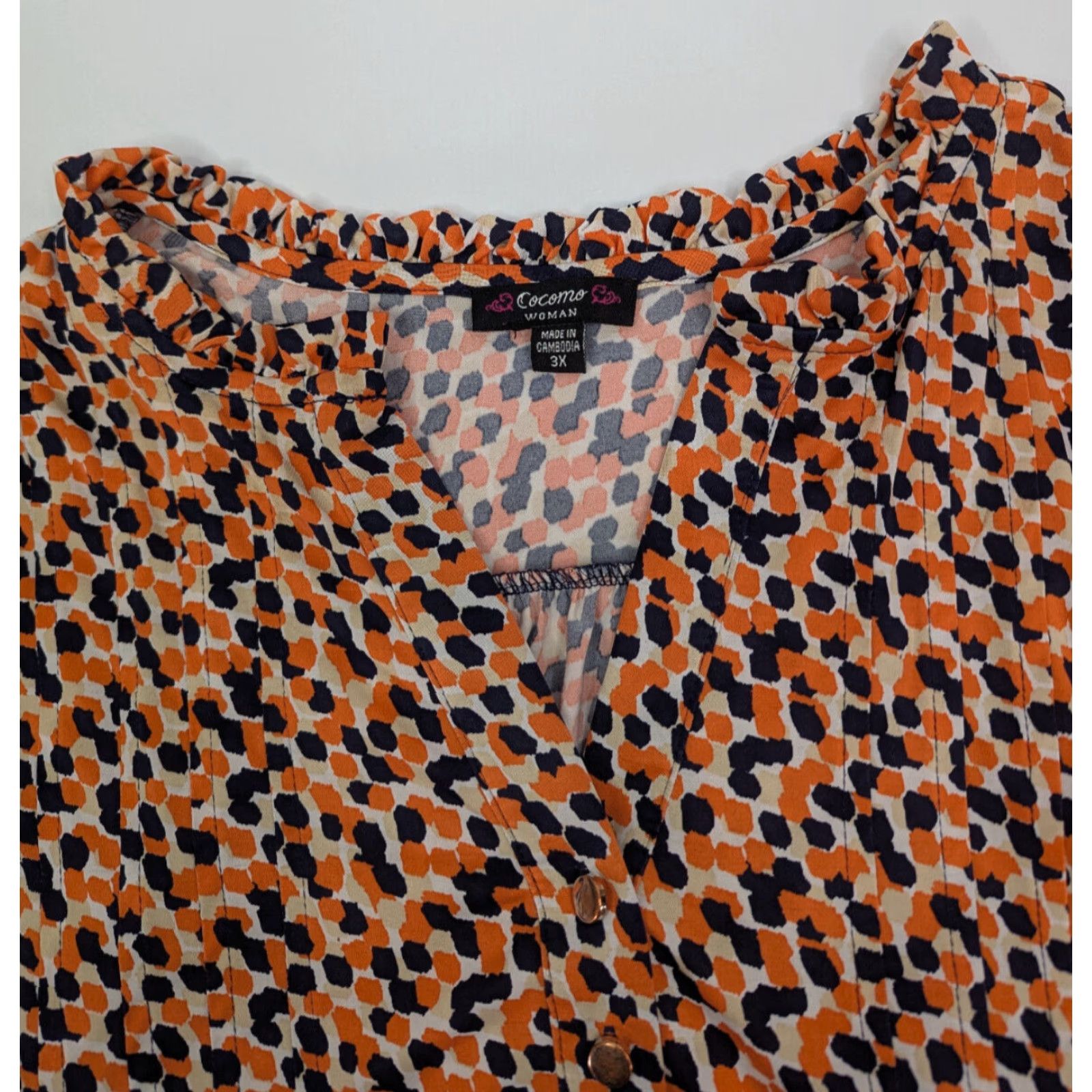 Vintage Cocomo 3X Orange Sleeveless Tank Top V-Neck Henley Shirt/Blouse - Plus Size Women - Dots Floral Tunic Casual Size XXL / US 16-18 / IT 52-54 - 5 Thumbnail