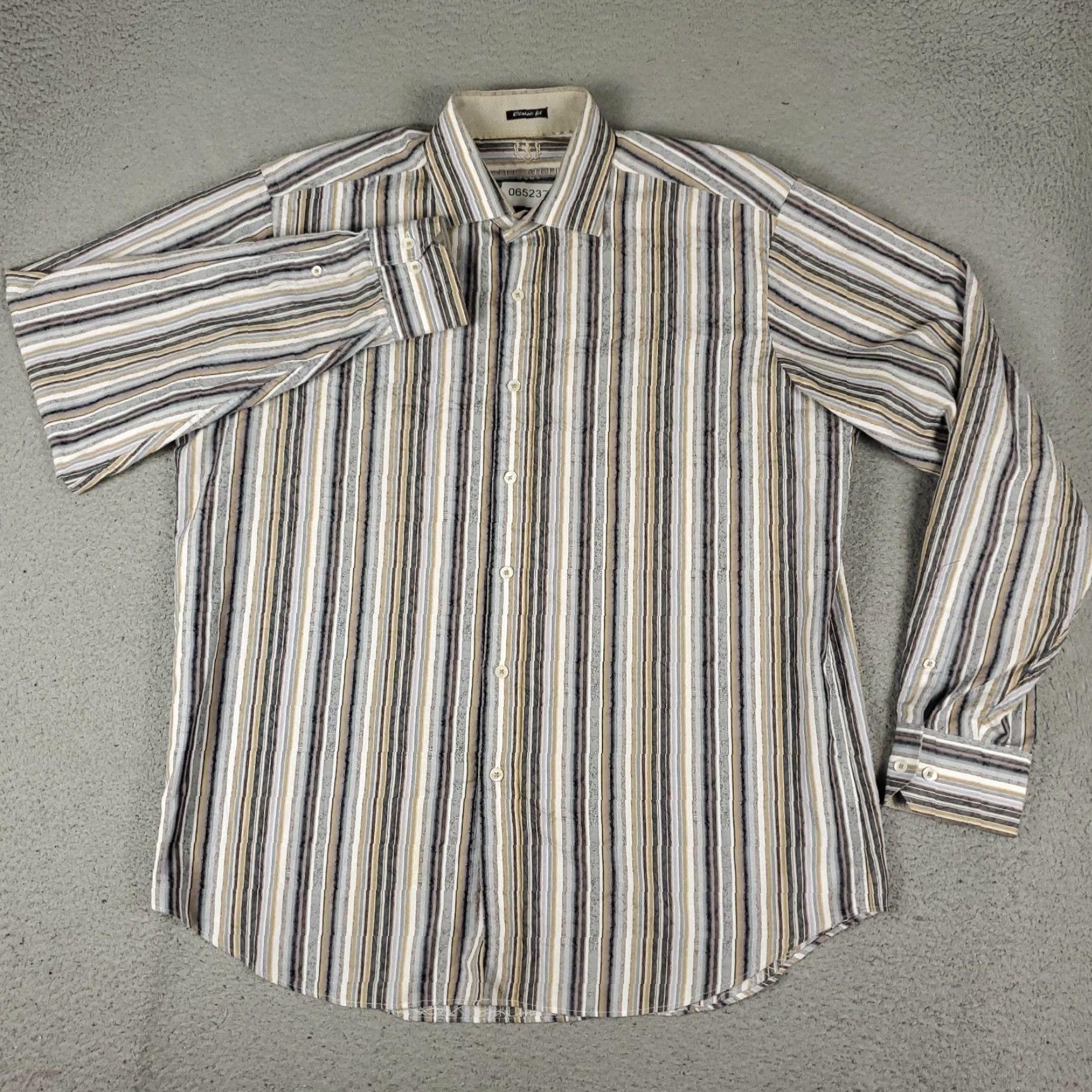 BUGATCHI Bugatchi Uomo Shirt Mens Large Gray Beige Striped Classic Fit Button Up Long Size US L / EU 52-54 / 3 - 2 Thumbnail