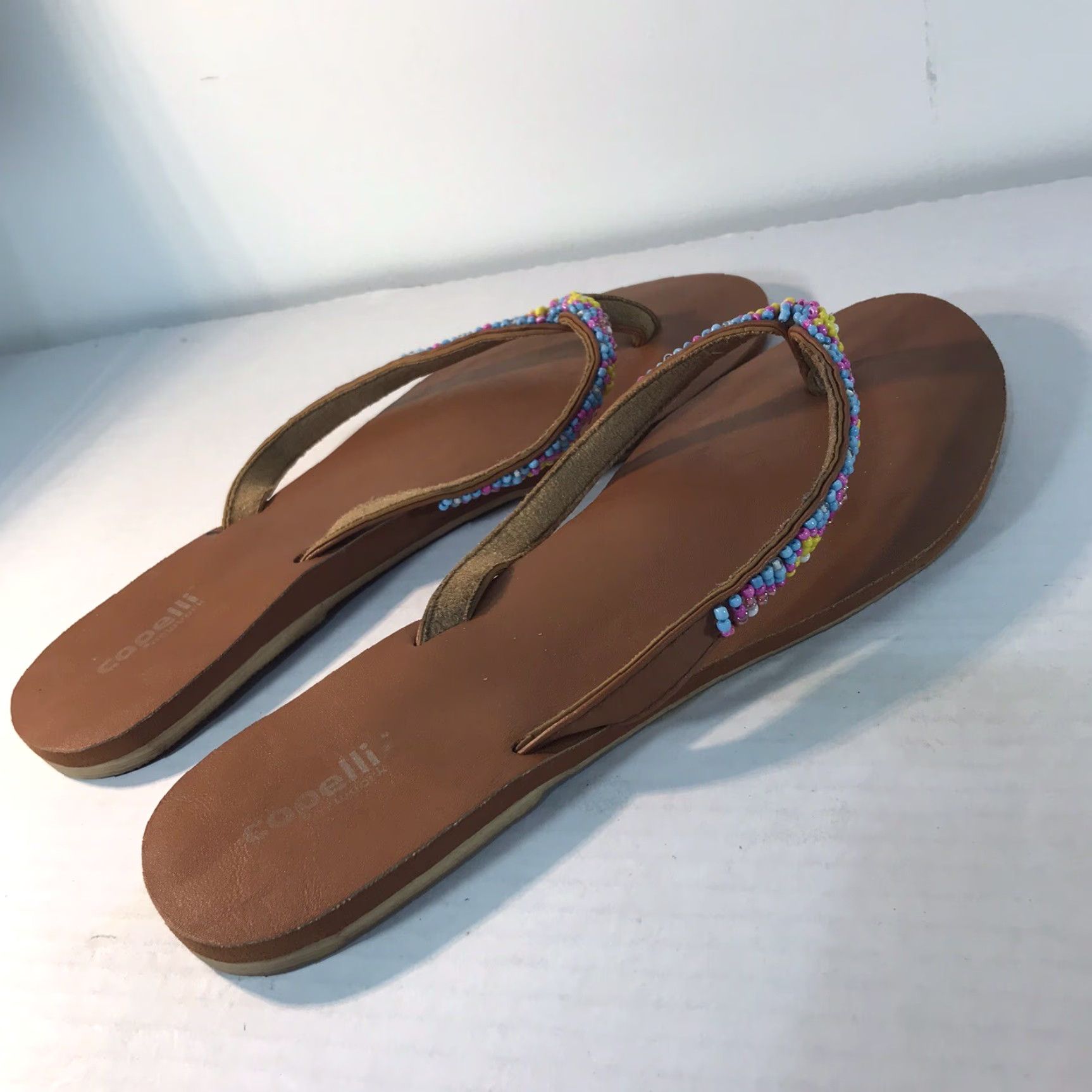 Vintage Capelli New York Women's Leather Flip Flops Size 10 Brown Beaded Boho Casual Sandals Size US 10 / IT 40 - 3 Thumbnail