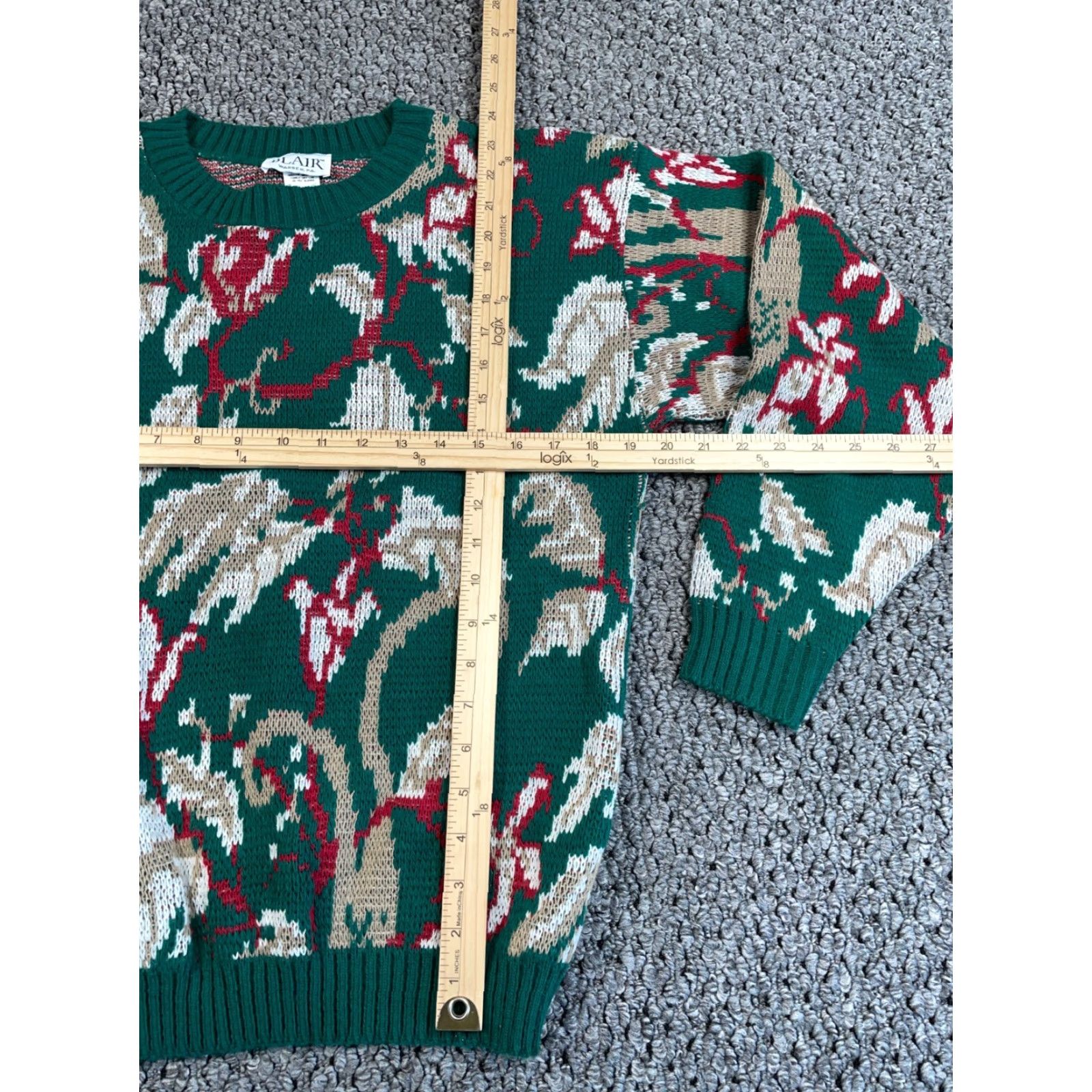 Blair VINTAGE Blair Women's Sweater 14 Medium Pullover Knit Floral Leaf Pattern Crew Neck Fall Winter Green Size M / US 6-8 / IT 42-44 - 5 Thumbnail