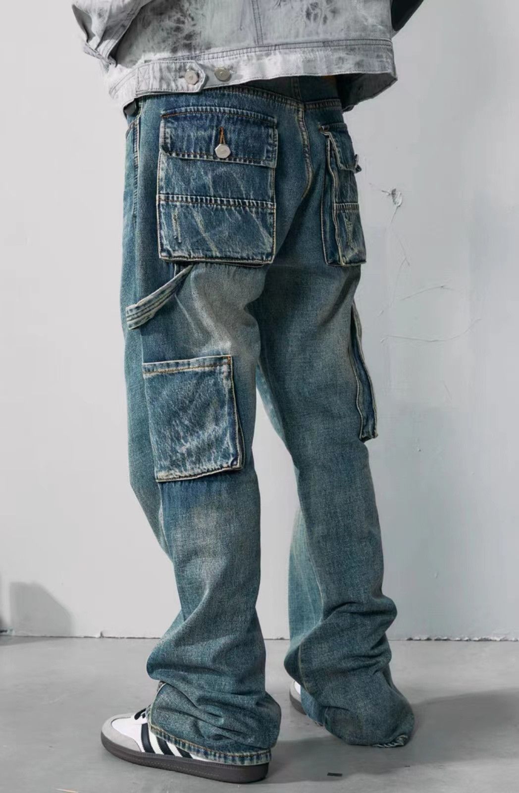 image of Faded Blue Washed Damaged Hiphop Baggy Jeans, Men's (Size 34)