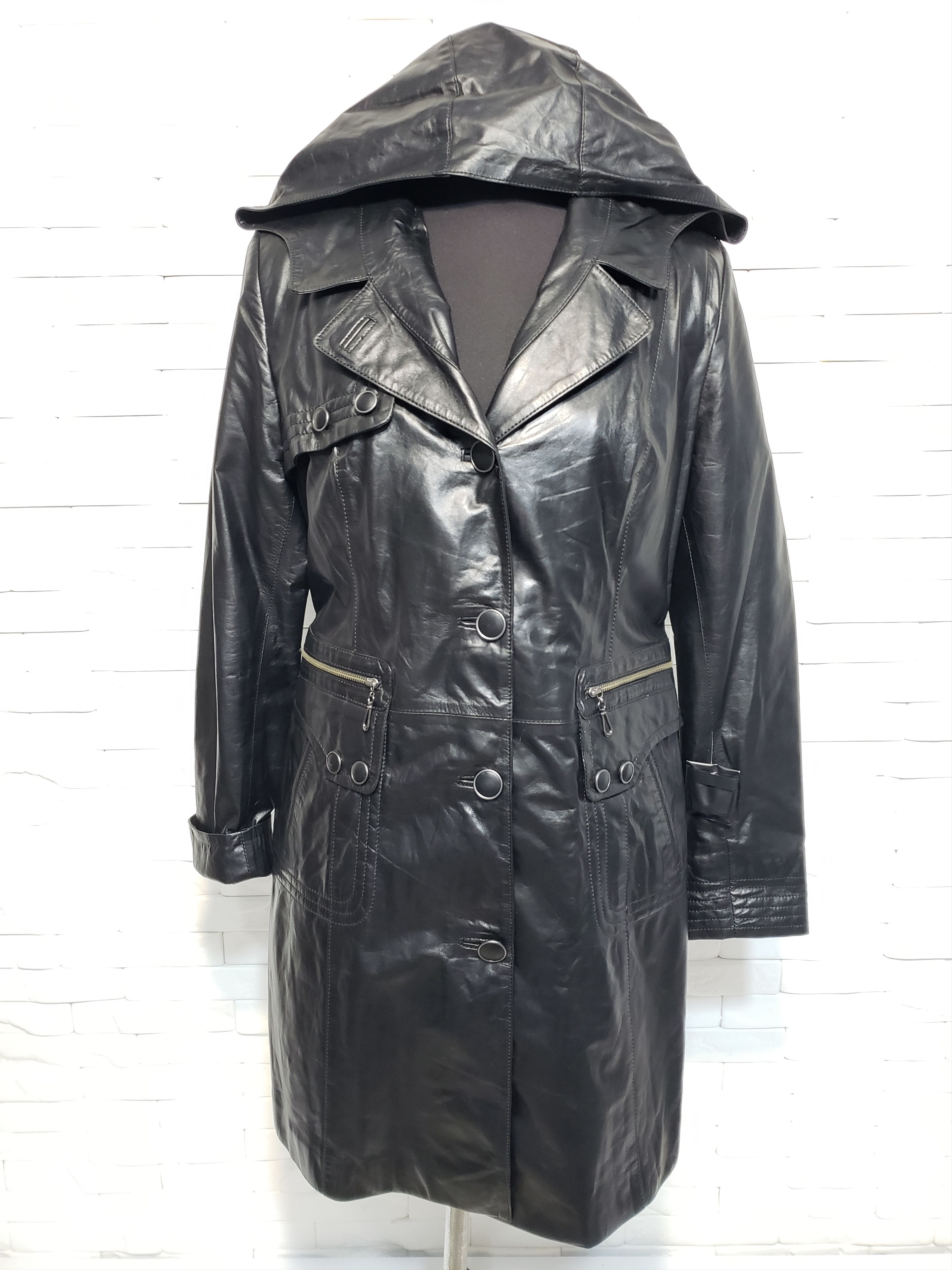 Genuine Leather Black women's jacket with a hood. Size L / US 10 / IT 46 - 1 Thumbnail