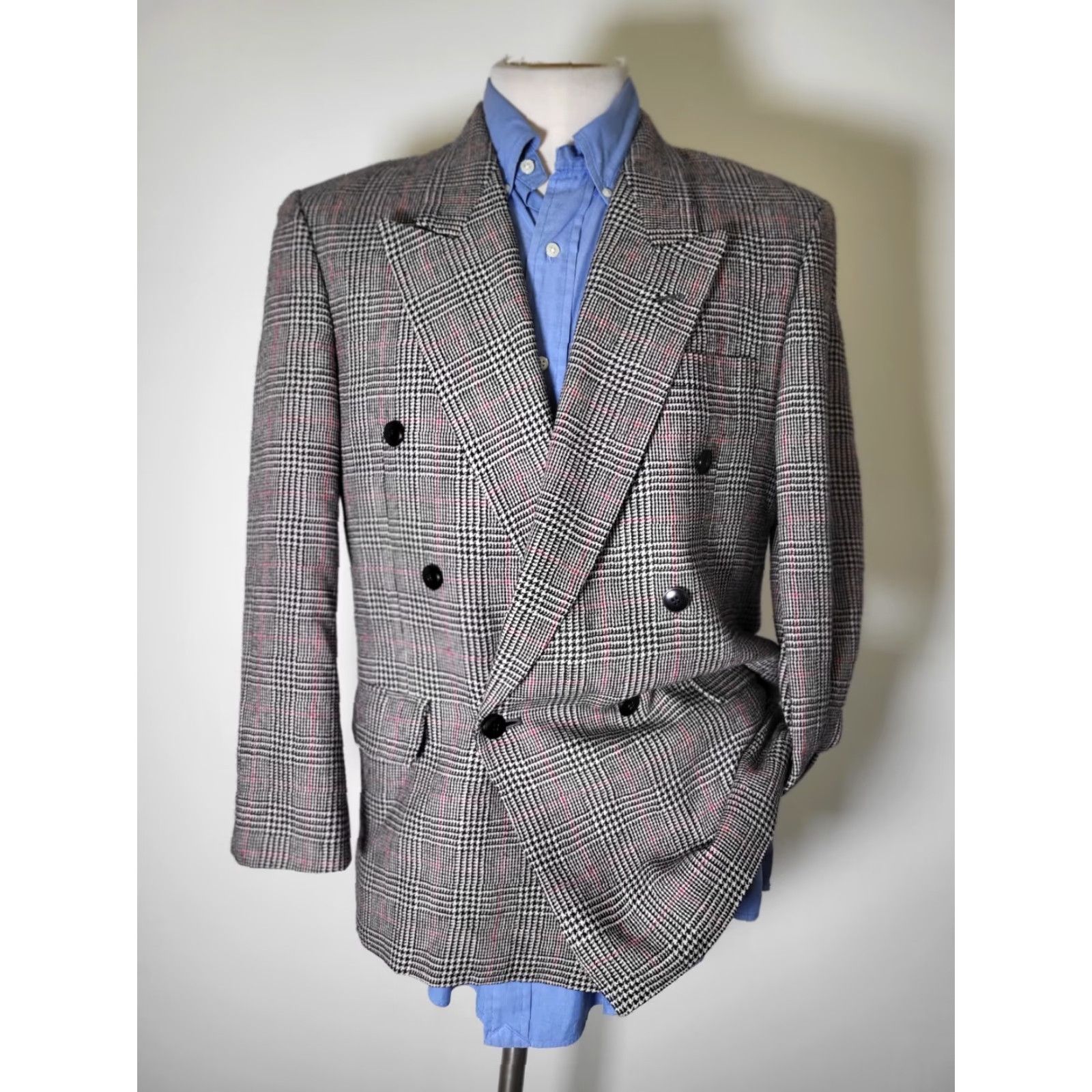 Doublet VINTAGE lansons Blazer Men 38S Double Breasted Peak Lapel Plaid Wool Silk Polyester Blazer Short Length Black Red White 90s Sports Mens Size 38R - 5 Thumbnail