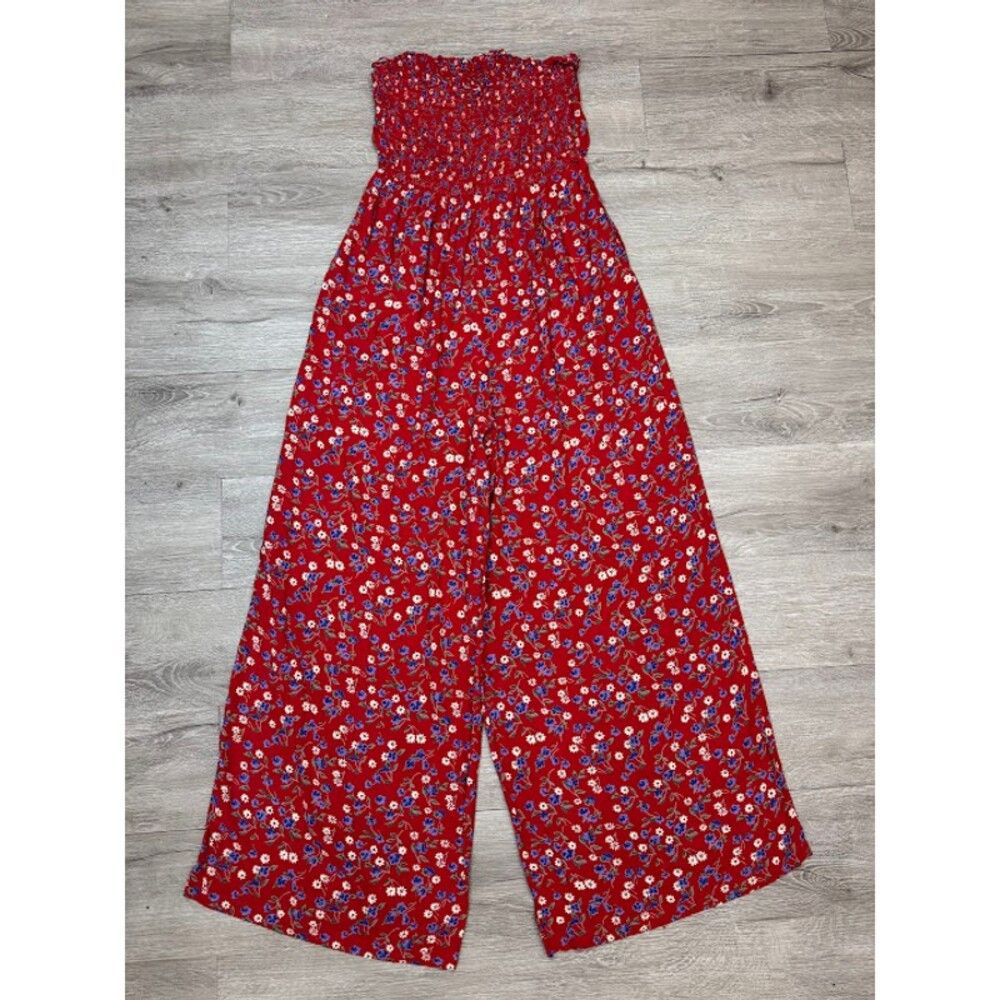Other Red Floral Strapless Wide Leg Jumpsuit Smocked Tie Front Sm Size 28" / US 6 / IT 42 - 3 Thumbnail