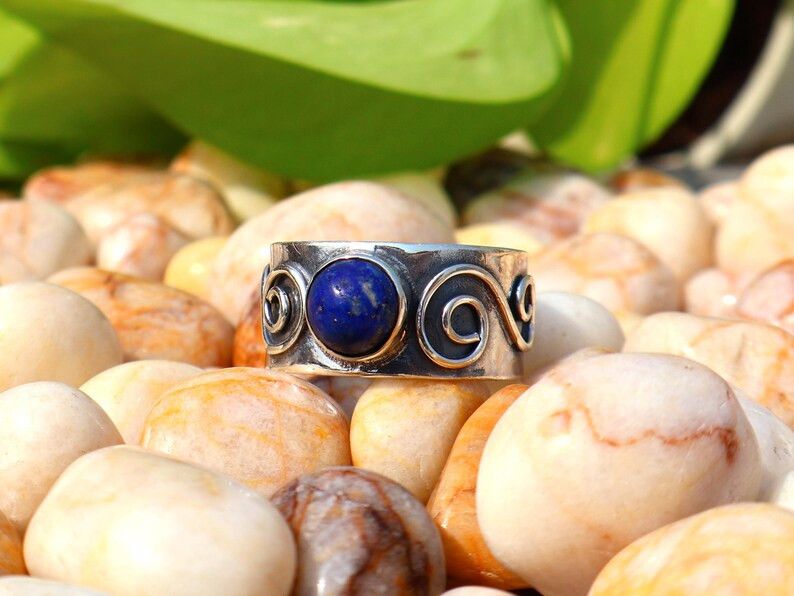 Handmade Lapis Lazuli Band Ring, Handmade Sterling Silver Ring Size ONE SIZE - 2 Thumbnail