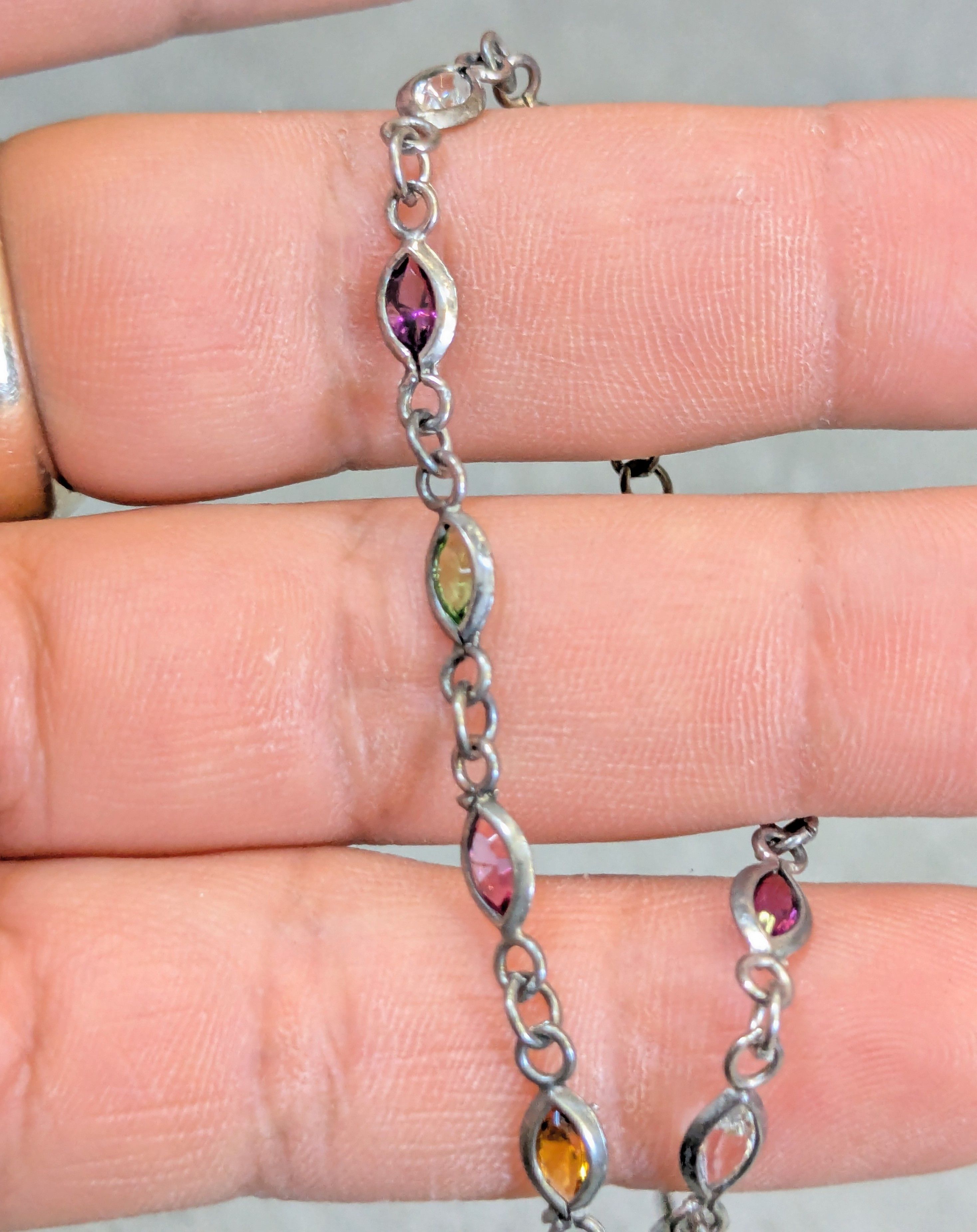 Jewelry Vintage Sterling Silver Bracelet 7.75" Marquise Rainbow Size ONE SIZE - 12 Thumbnail
