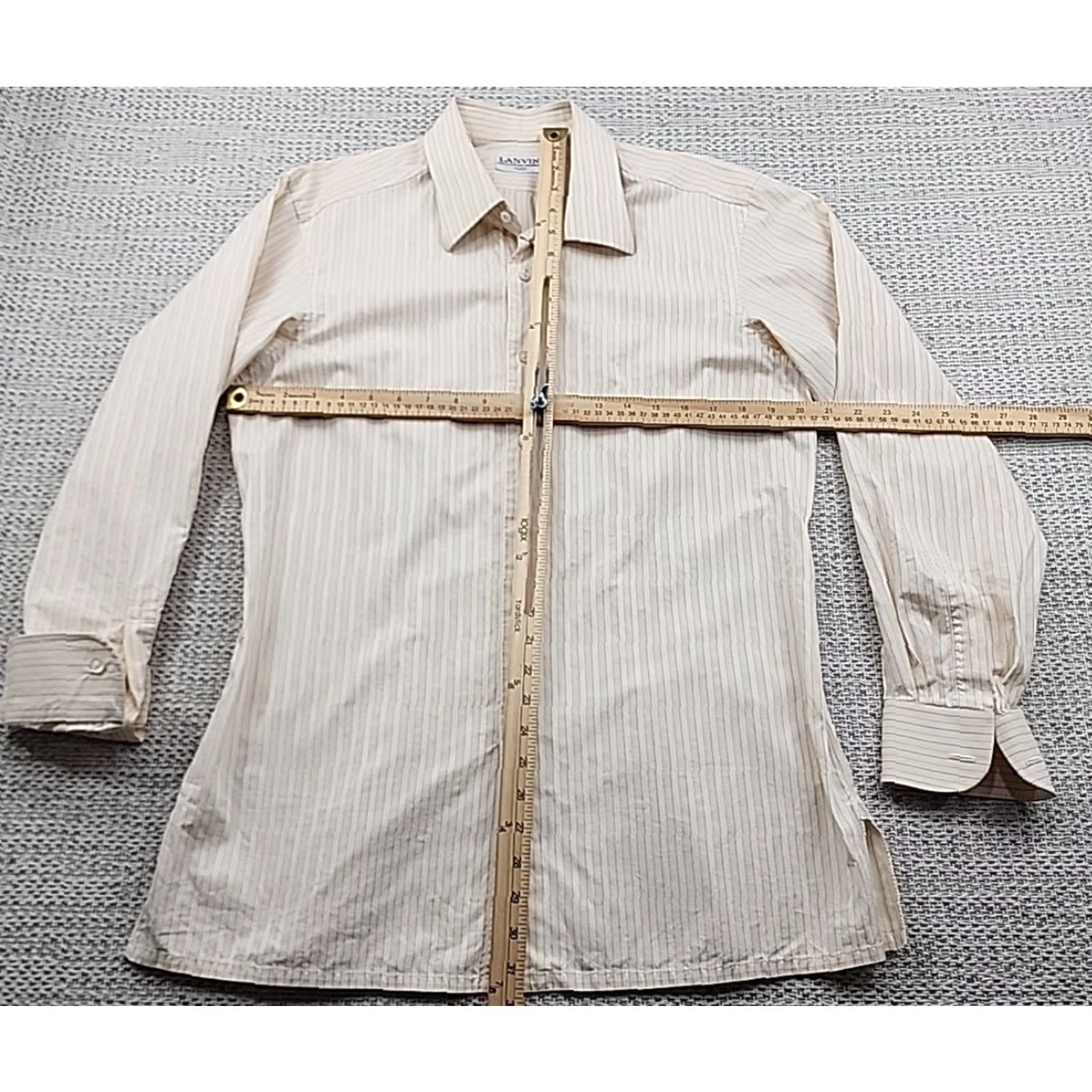 Lanvin VINTAGE Lanvin Dress Shirt Mens 16.5x34 Long Sleeve Beige Striped Slim Fit Cotton Blend Shirt Mens Size 46R - 7 Thumbnail