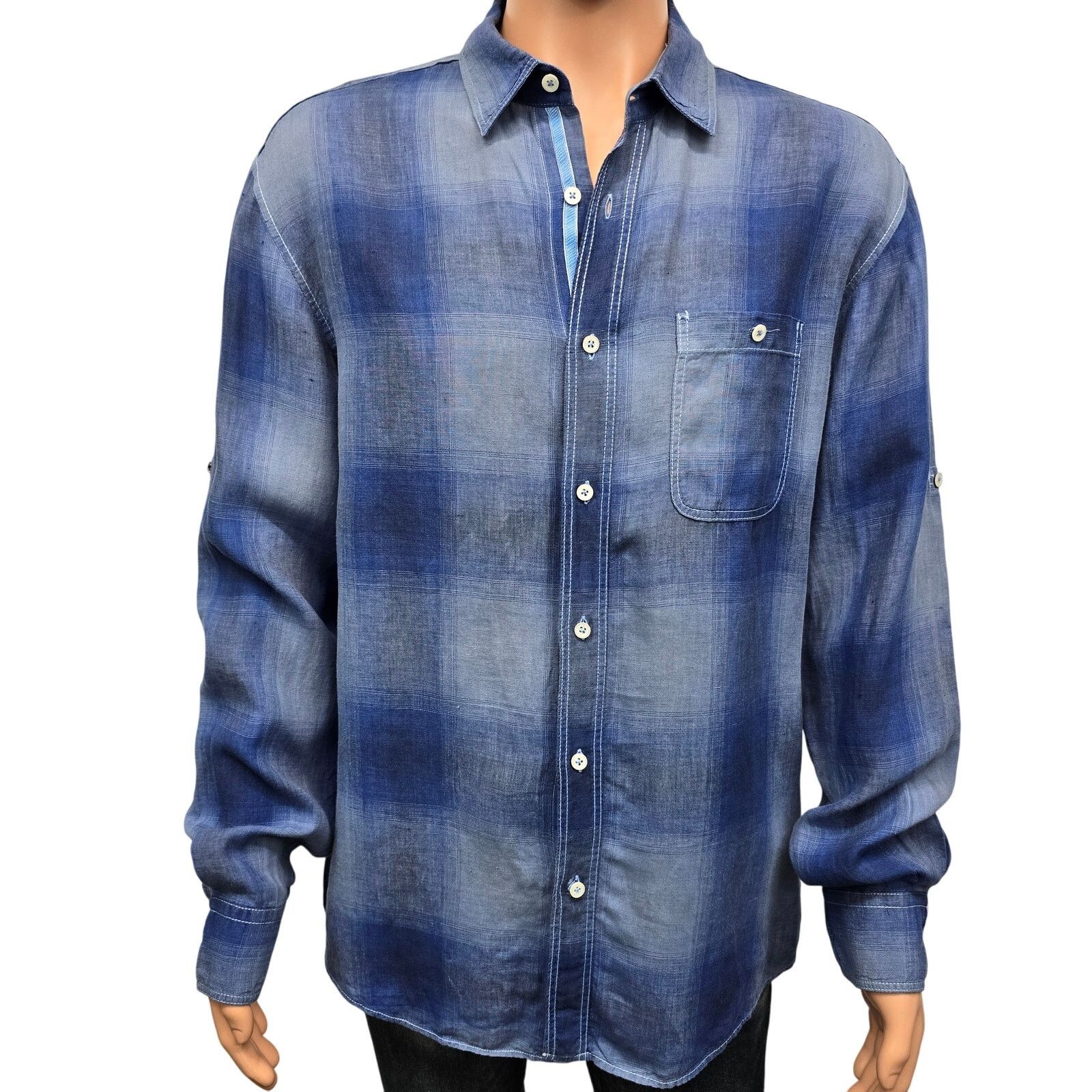 BUGATCHI Bugatchi Uomo Linen Shirt L Shaped Fit Ombre Plaid Roll tab Size US L / EU 52-54 / 3 - 2 Thumbnail