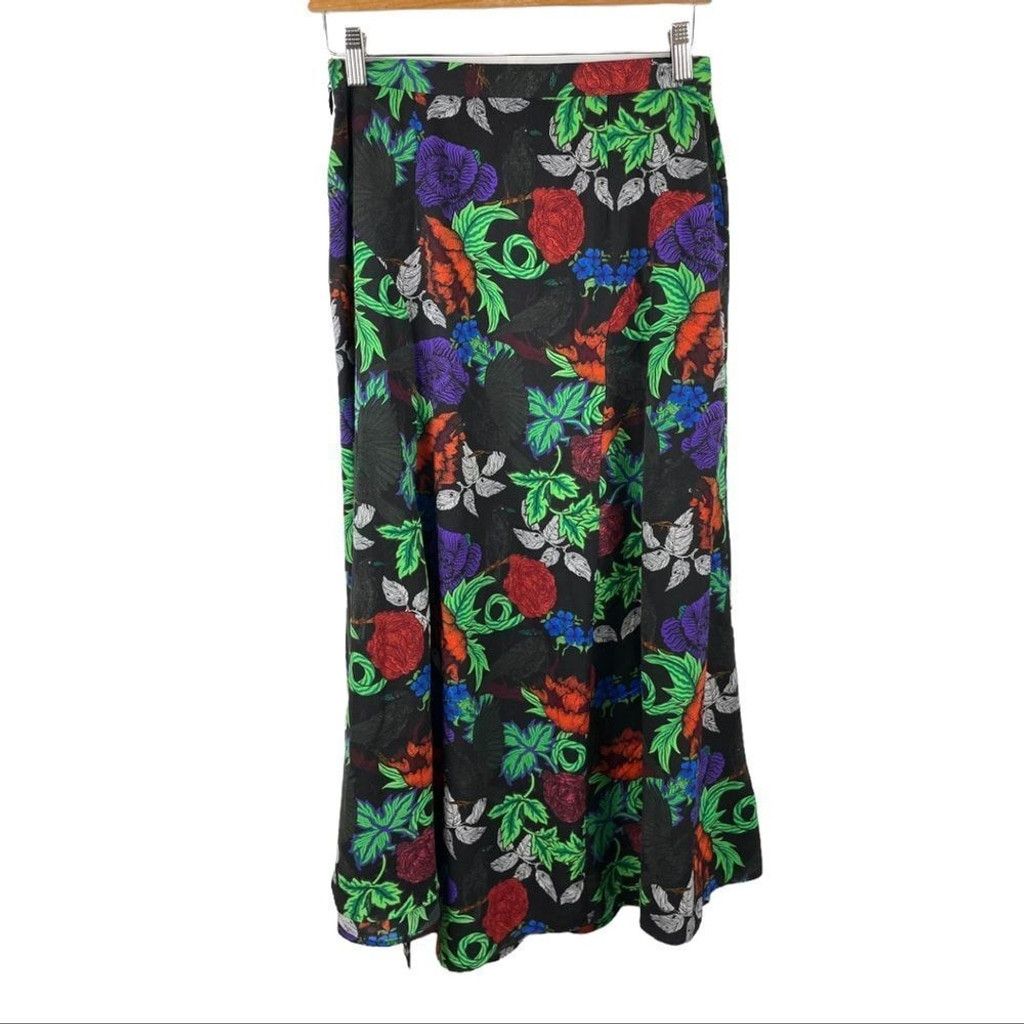 Topshop TOPSHOP Black Floral Crows Print Full Skirt w/ Slit Size 6 Size 28" / US 6 / IT 42 - 5 Thumbnail