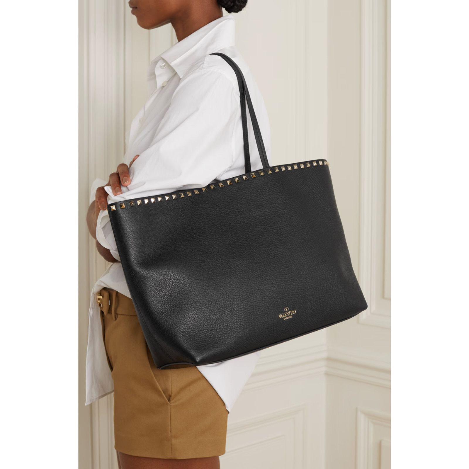 Valentino Valentino Garavani Rockstud Large Black Grained Tote Size ONE SIZE - 7 Thumbnail