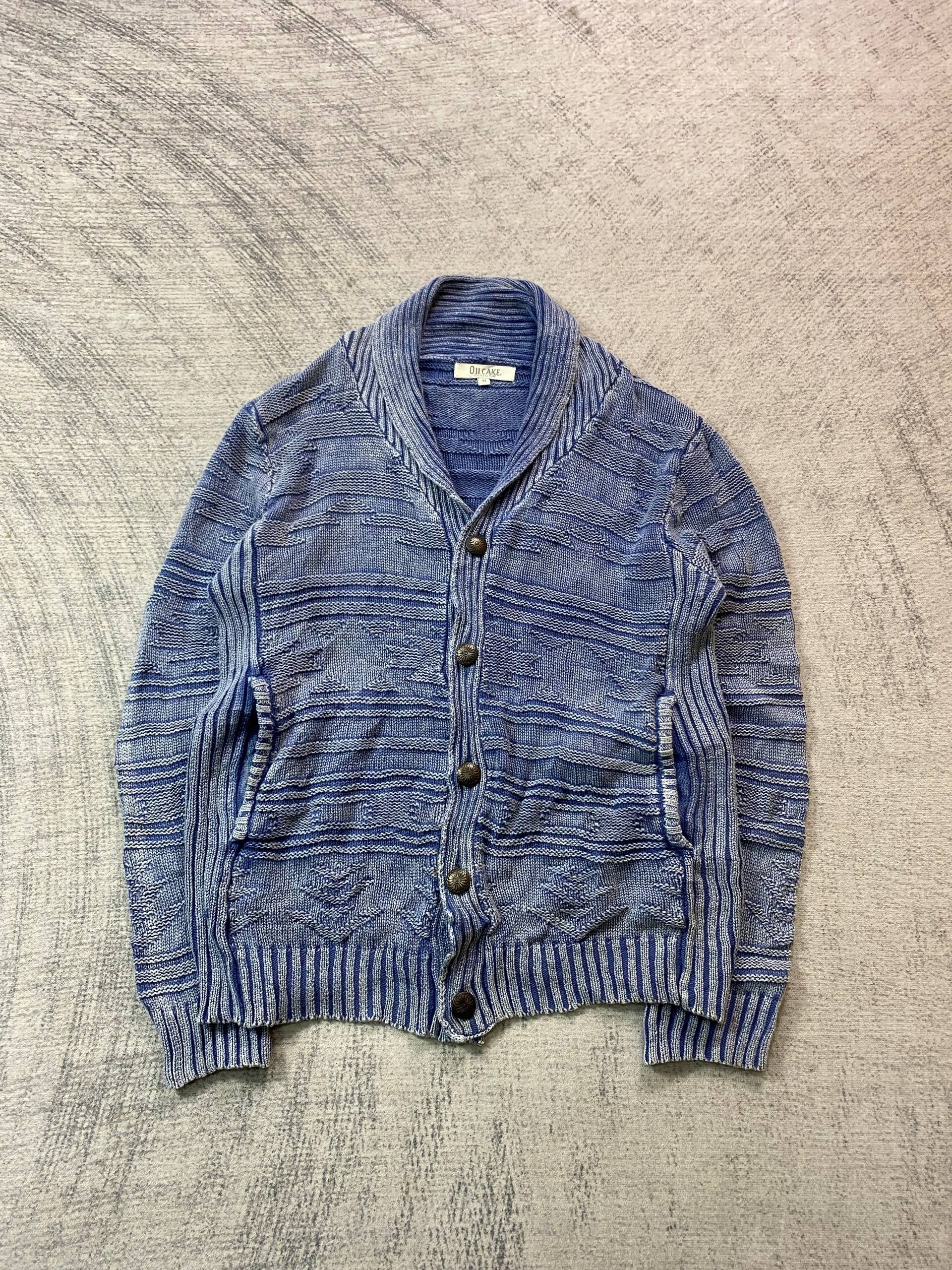 Japanese Brand Oilcake Indigo Textured Knit Shawl Collar Sweater Cardigan Size US M / EU 48-50 / 2 - 1 Thumbnail