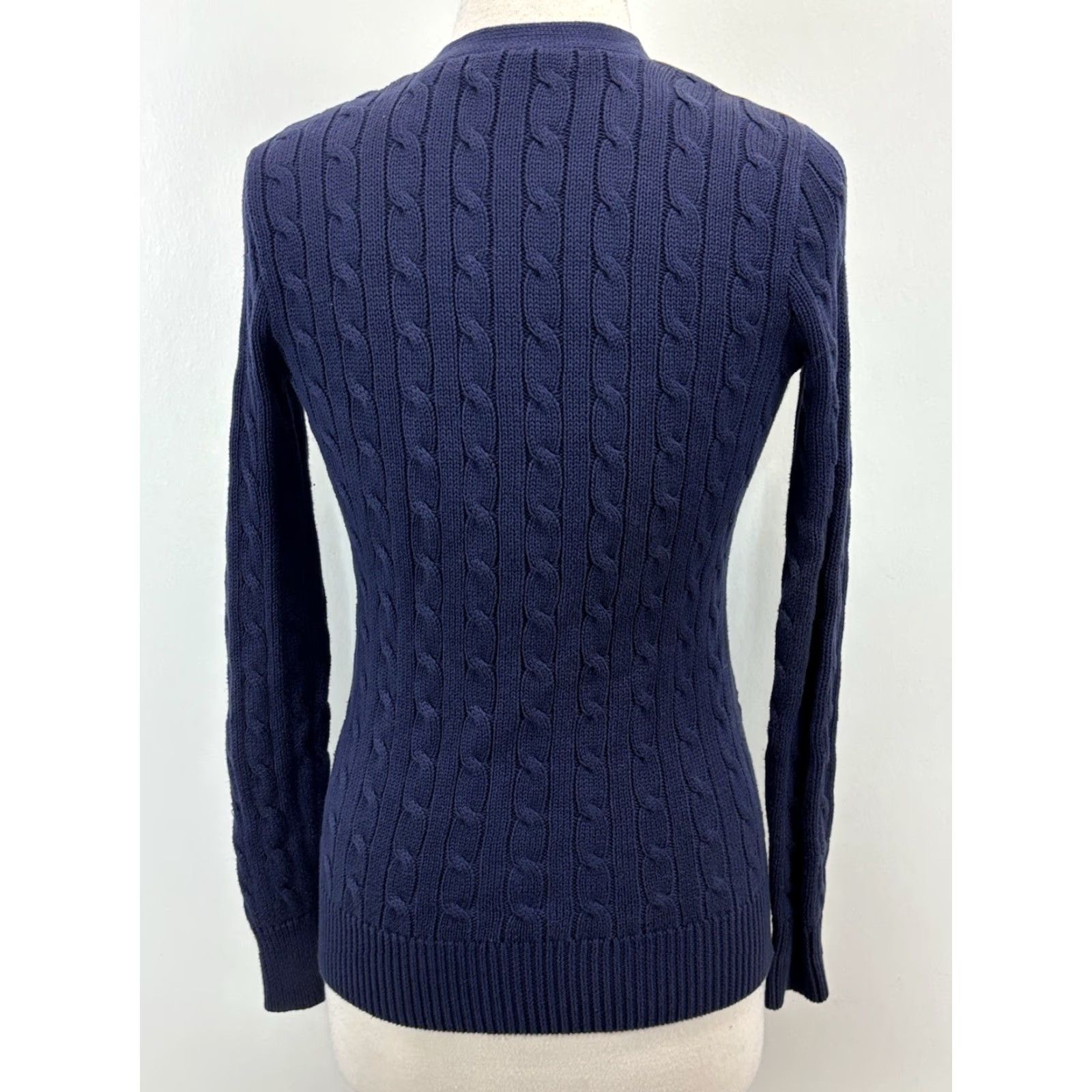 Ralph Lauren VINTAGE Ralph Lauren Cardigan Sweater Women’s XS Navy Blue Suede Patch Cable-Knit 90s Size XS / US 0-2 / IT 36-38 - 3 Thumbnail