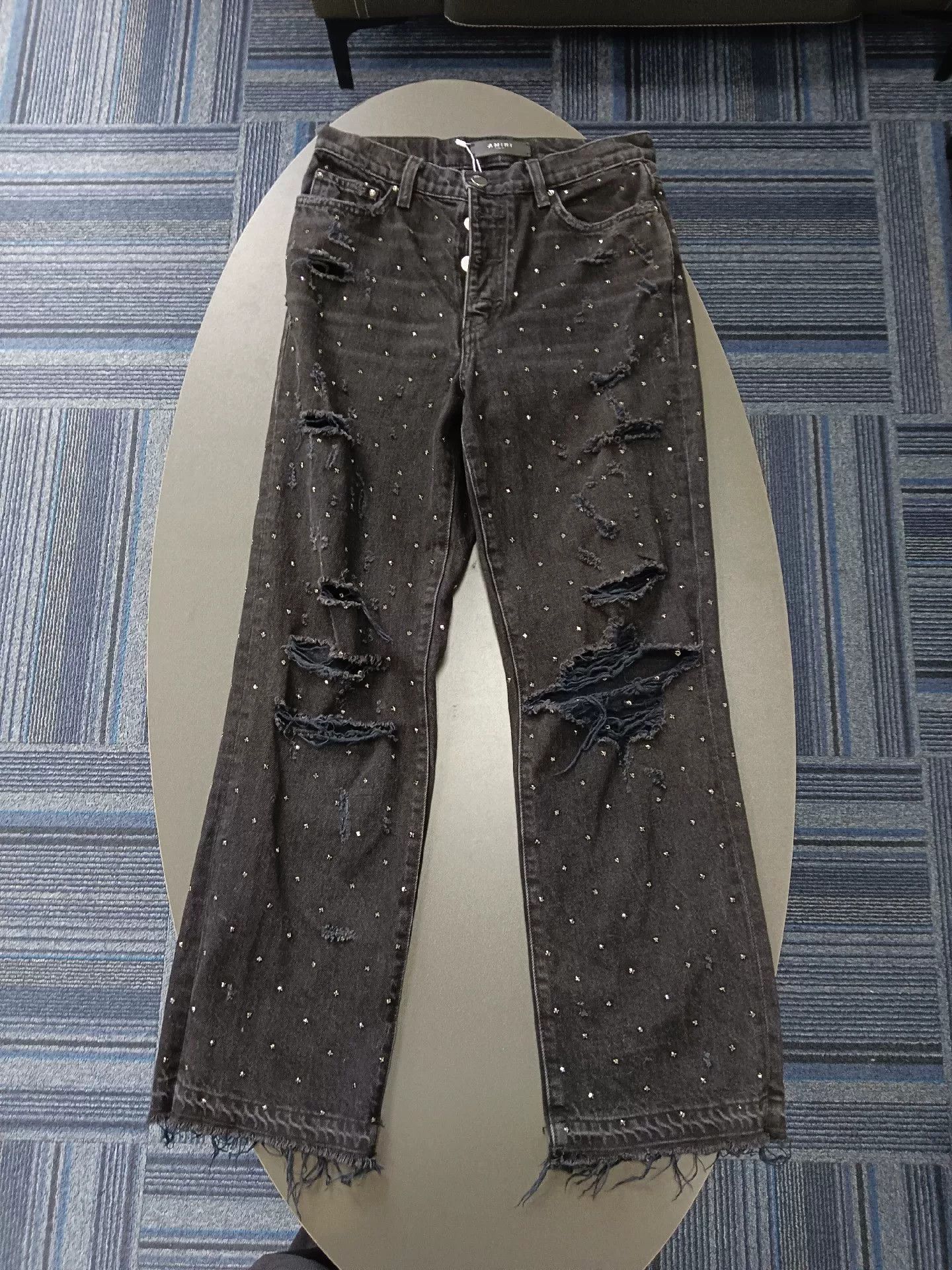 amiri black distressed denim pants with rhinestones
