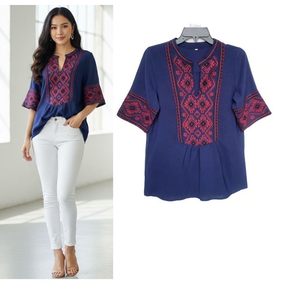 Other ⭐Womens Navy Blue Embroidered Tunic Top Sz S Beach Boho Red Size S / US 4 / IT 40 - 1 Thumbnail