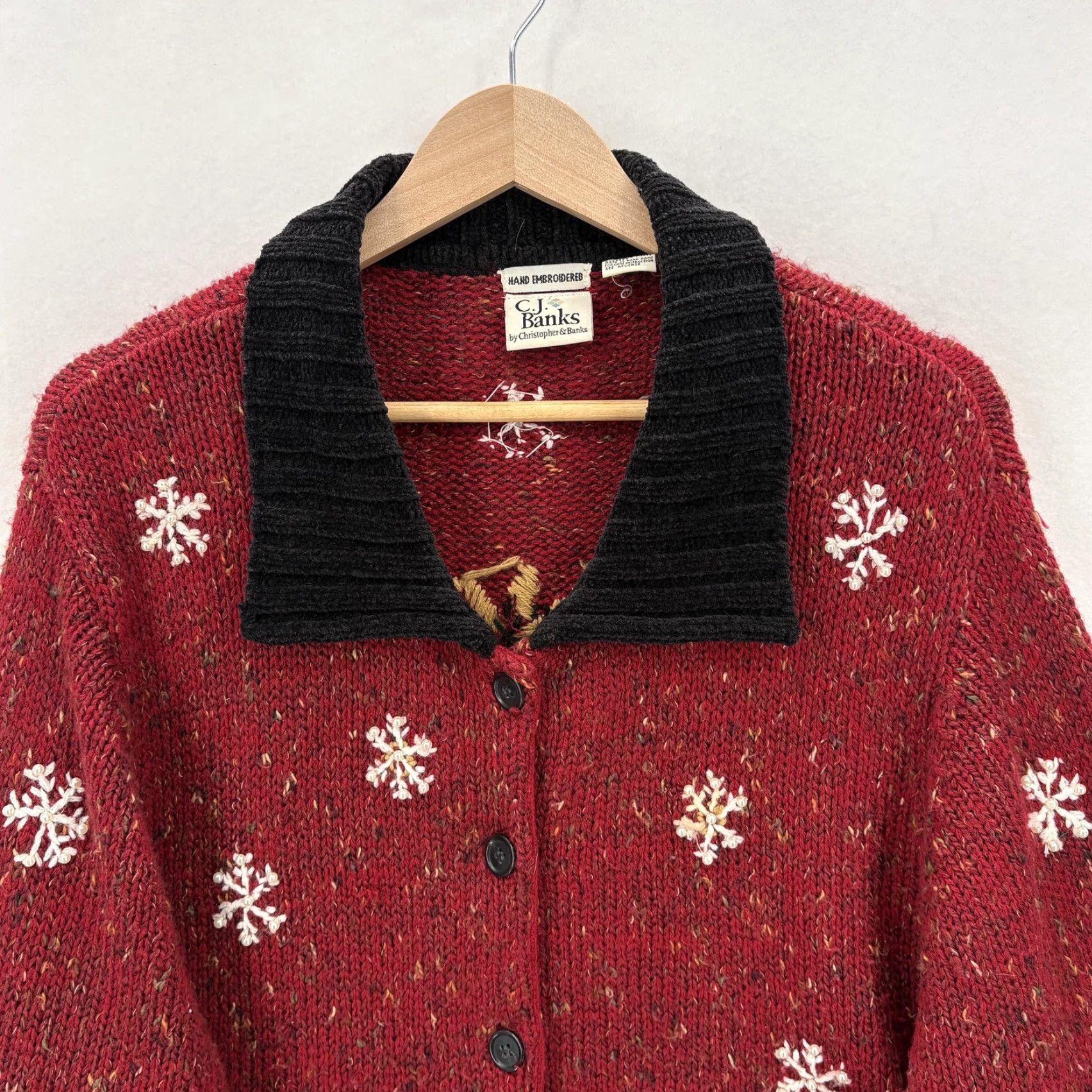 Vintage C.J. Banks Cardigan Sweater Womens 2X Red Chunky Knit Hand Embroidered Snowman Size XXL / US 16-18 / IT 52-54 - 2 Thumbnail