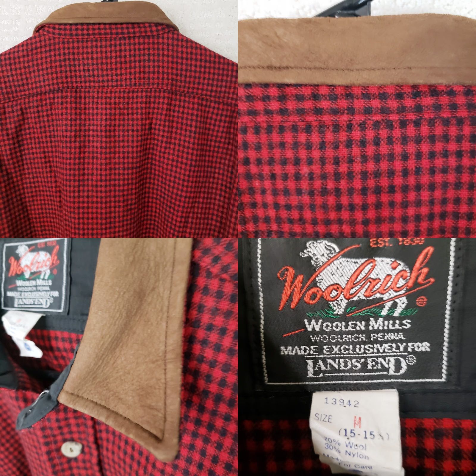 Vintage Woolrich for Lands End Shirt Red Wool Check Leather Collar M Long Sleeve Button-Front Made in USA 1980s Vintage Mens Womens? Size US M / EU 48-50 / 2 - 8 Thumbnail
