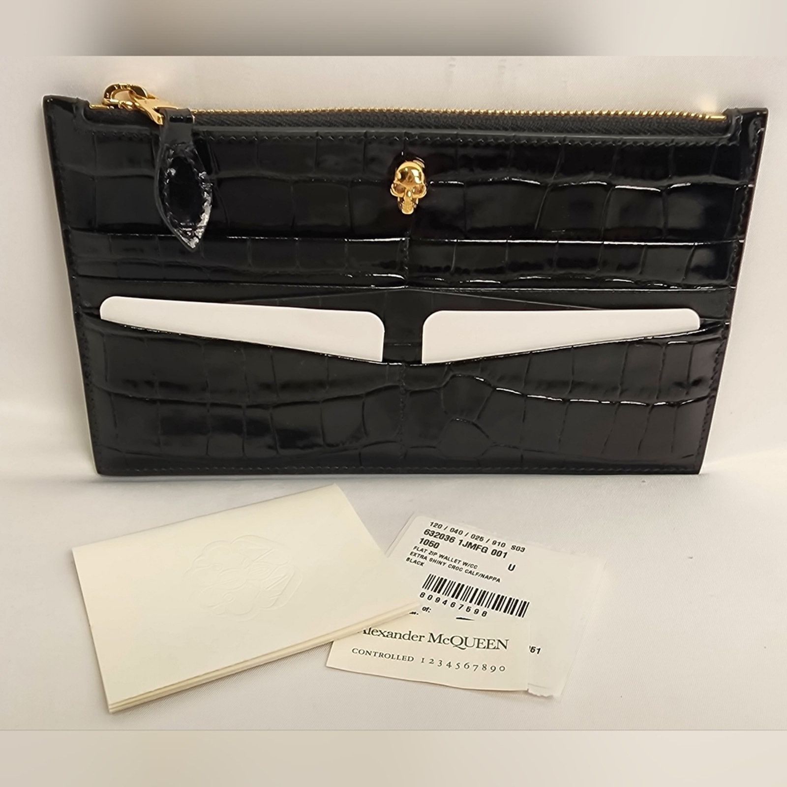 Alexander McQueen Alexander McQueen Flat Card Wallet Zip Black Croc Skull Size ONE SIZE - 3 Thumbnail