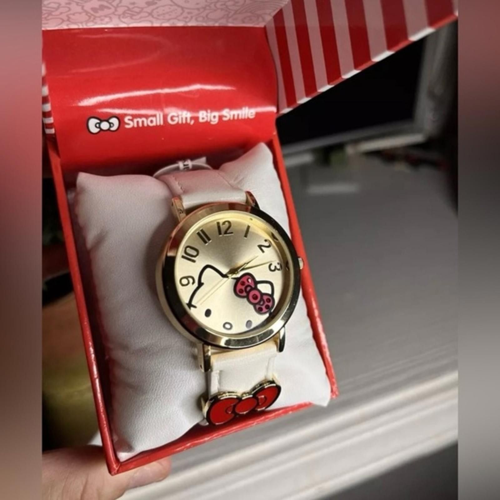 Designer Hello Kitty Watch Gold Face, White Leather Strap, Red Bow, Women's