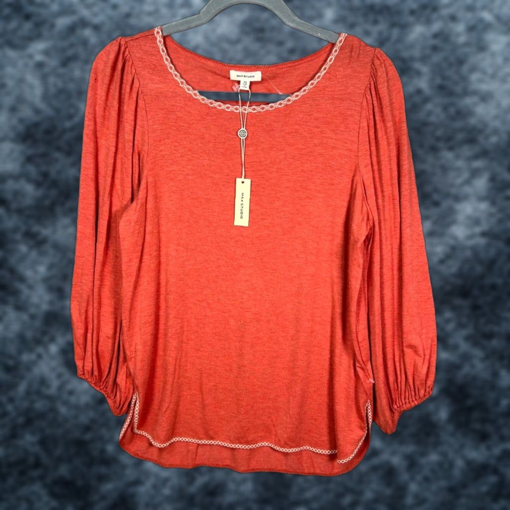 Vintage Max Studio Womens XS Coral Long Sleeve Top Boho Rayon Spandex Blouse w/ Embroidered Trim Crewneck L/S Casual Womens XS Coral Boho Top Size XS / US 0-2 / IT 36-38 - 1 Thumbnail