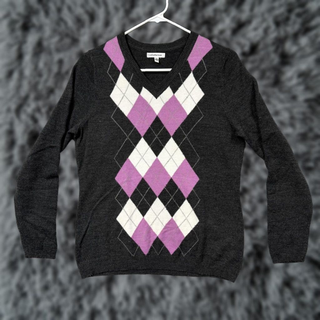 Croft & Barrow Croft & Barrow Sweater Womens M Gray Purple Argyle Knit Preppy Dark Academia Size M / US 6-8 / IT 42-44 - 1 Thumbnail