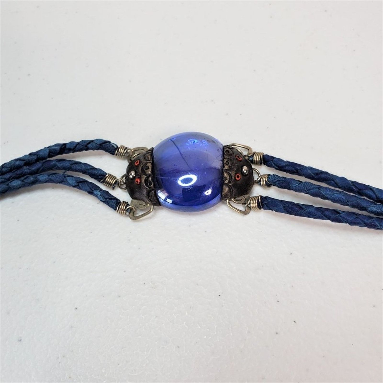 Vintage Handcrafted Cabochon Glass Leather Triple Braid Bracelet Size ONE SIZE - 5 Thumbnail