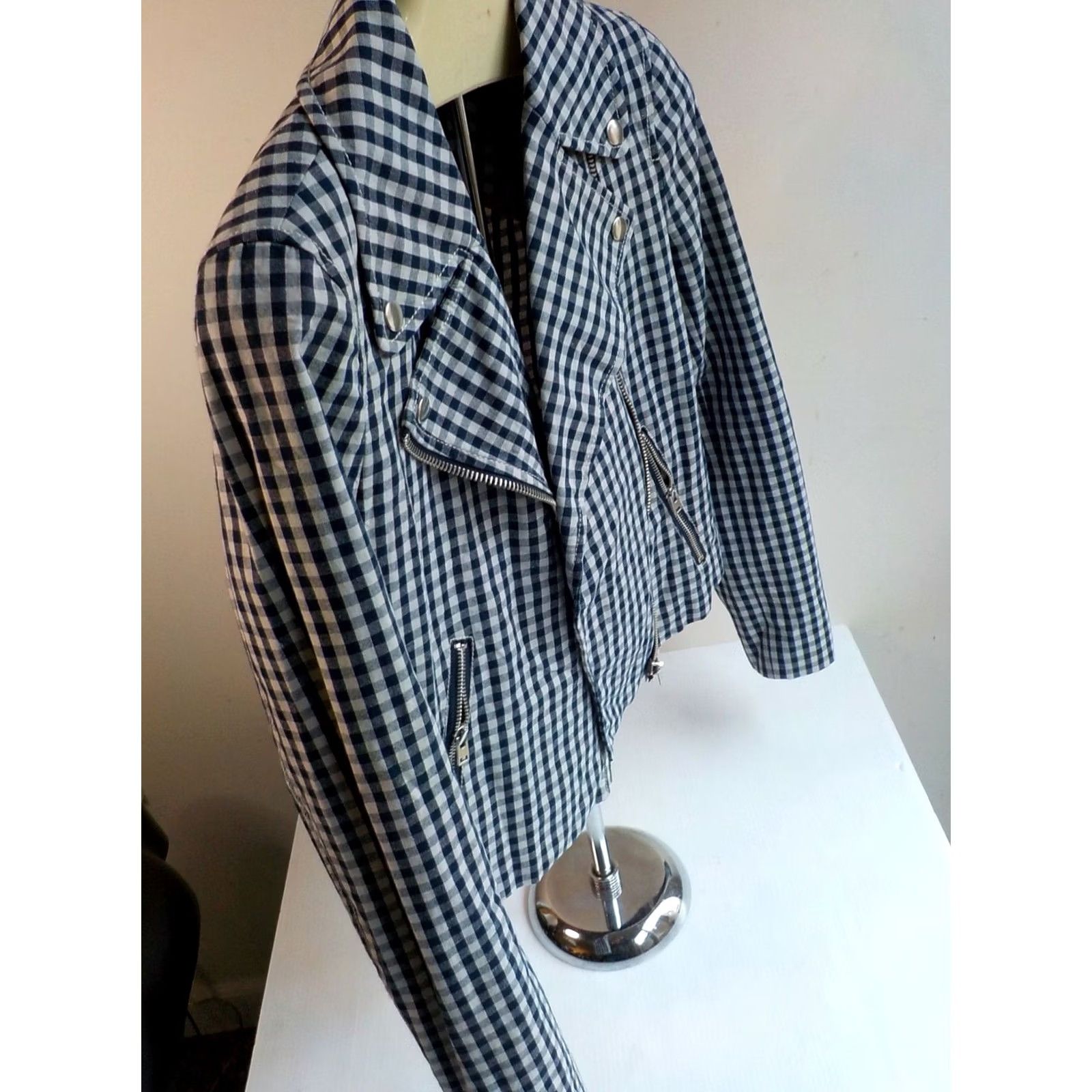 J.Crew J CREW Check Moto Style Jacket Asymmetrical Zip Blue/Ivory Cotton Blend SZ 4 Jacket Women Short 4 Blue Ivory Check Zippered Pockets Great Condition Size S / US 4 / IT 40 - 4 Thumbnail