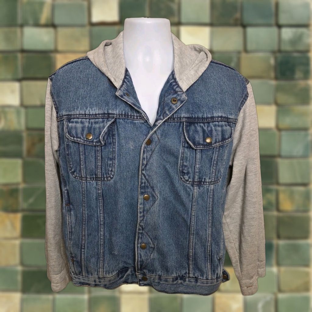 Denime VINTAGE Denim Jacket Hoodie Trucker Sweatshirt Jacket Men XL Blue 90s Western USA Logo Embroidered Pockets Hooded Lined Button-Down Casual Workwear Size US XL / EU 56 / 4 - 1 Thumbnail