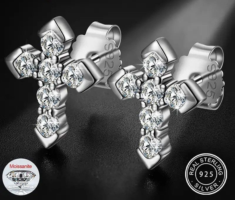 Sterling Silver Moissanite Cross Trend Design Cross Stud Religion Earring Size ONE SIZE - 2 Thumbnail