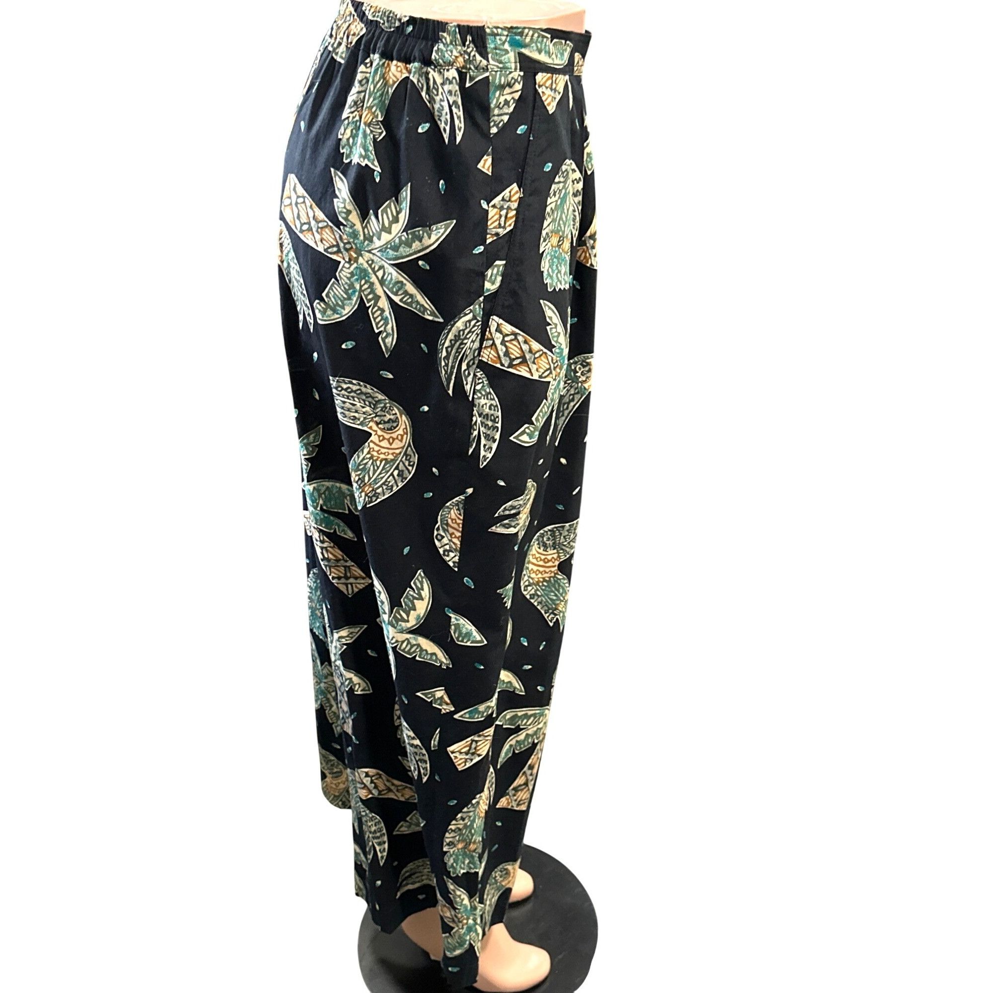 Other CCC Vintage Boho Black Wide Leg Pants With Leaf Print Elasti Size 26" / US 2 / IT 38 - 2 Thumbnail