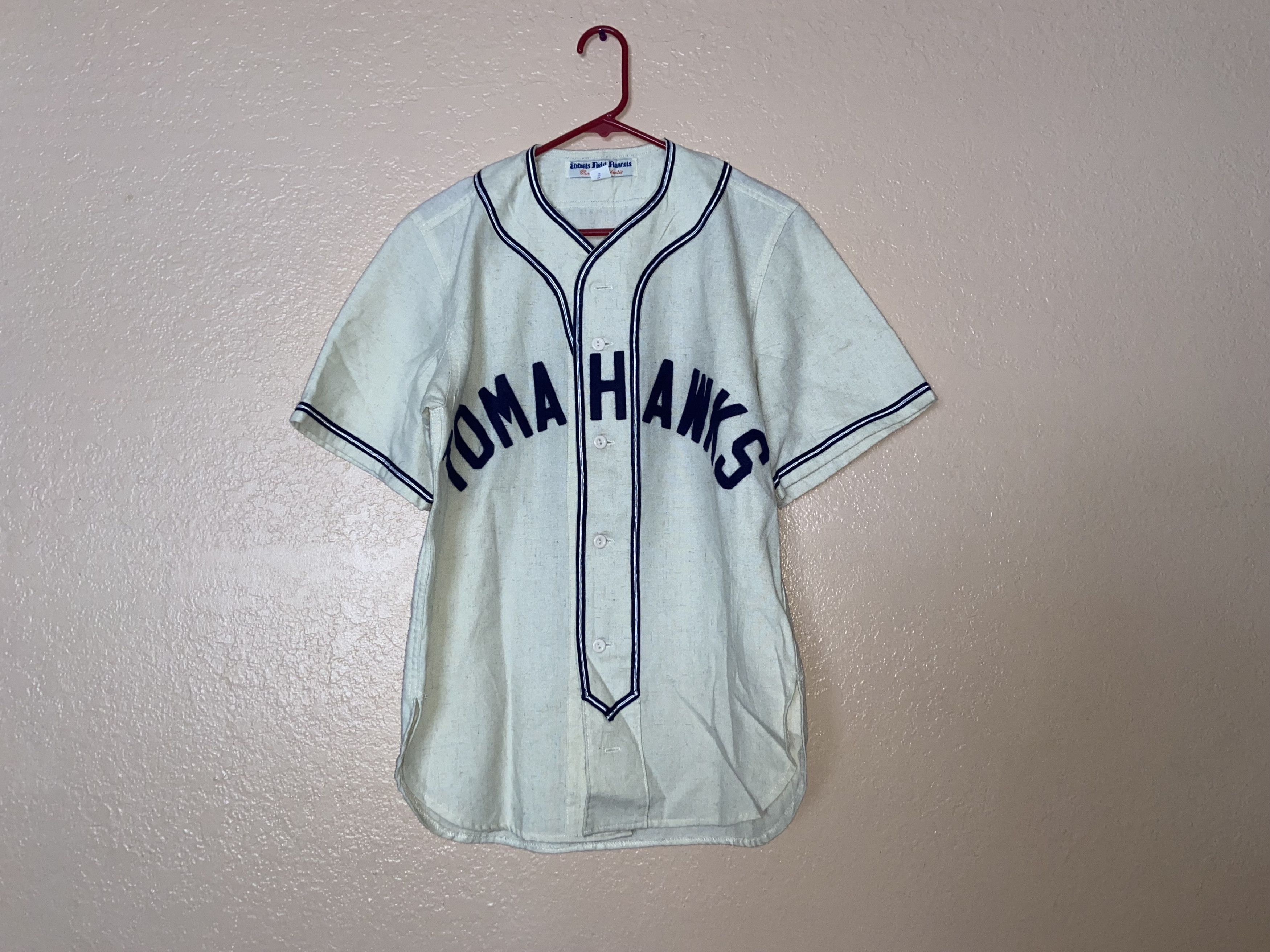 Image of Ebbets Field Flannels Tomahawks Baseball Jersey Top Shirt Us in White/Blue, Men's (Size Small)